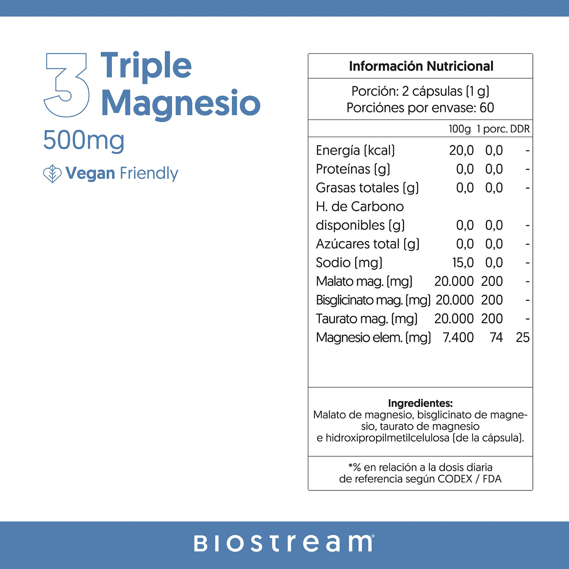 Triple Magnesio - Bisglicinato, Malato, Taurato 120 Cápsulas Vegano