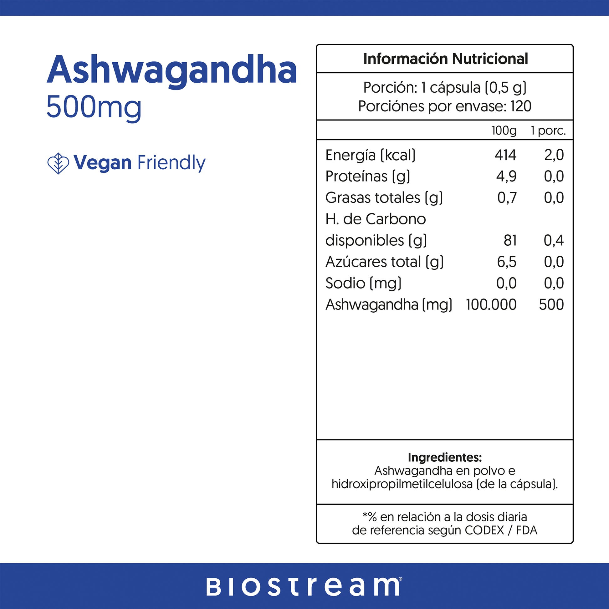 Ashwagandha 500mg 120 Cápsulas Vegana