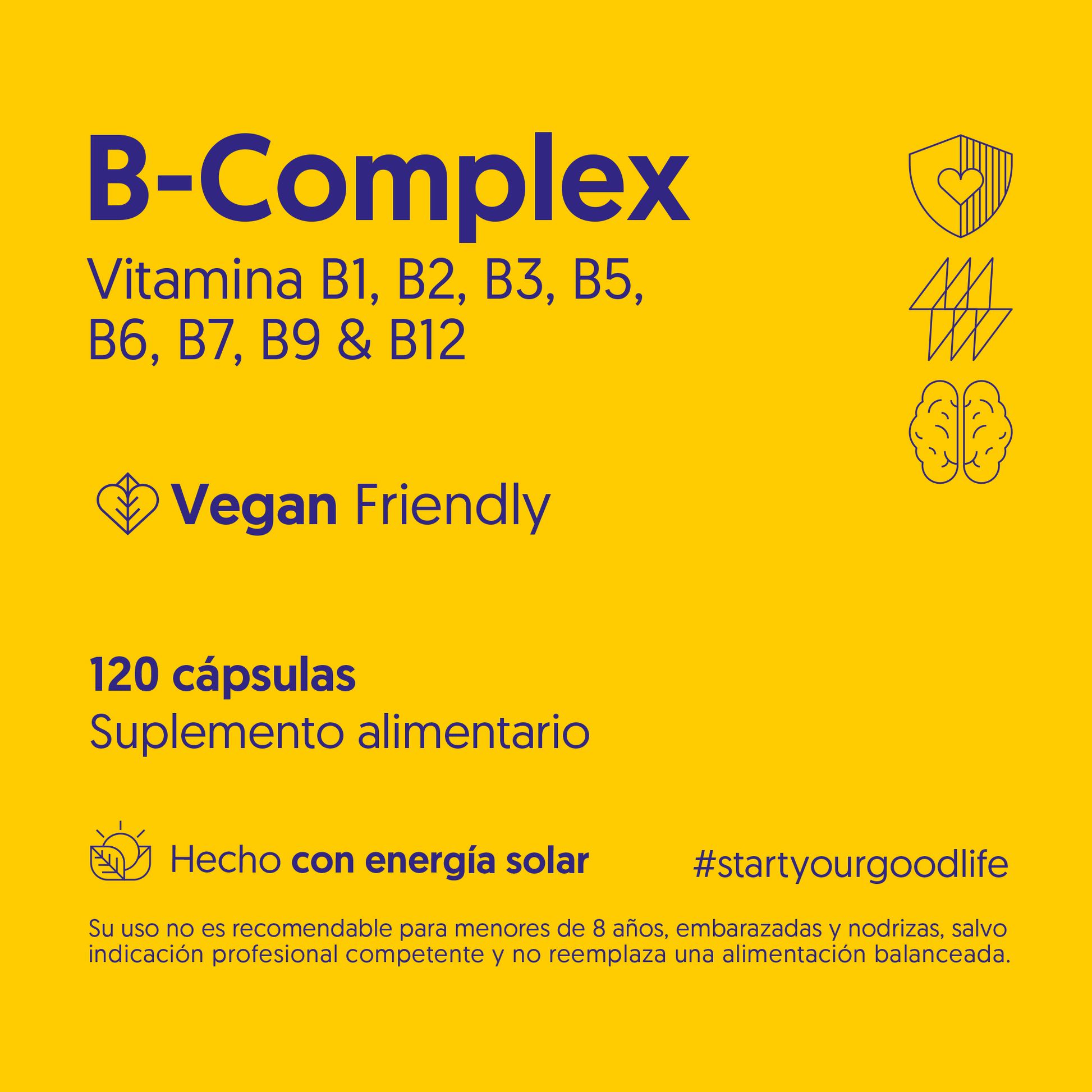 B-Complex 120 Cápsulas - Vitamina B1, B2, B3, B5, B6, B7, B9 & B12 - Vegano