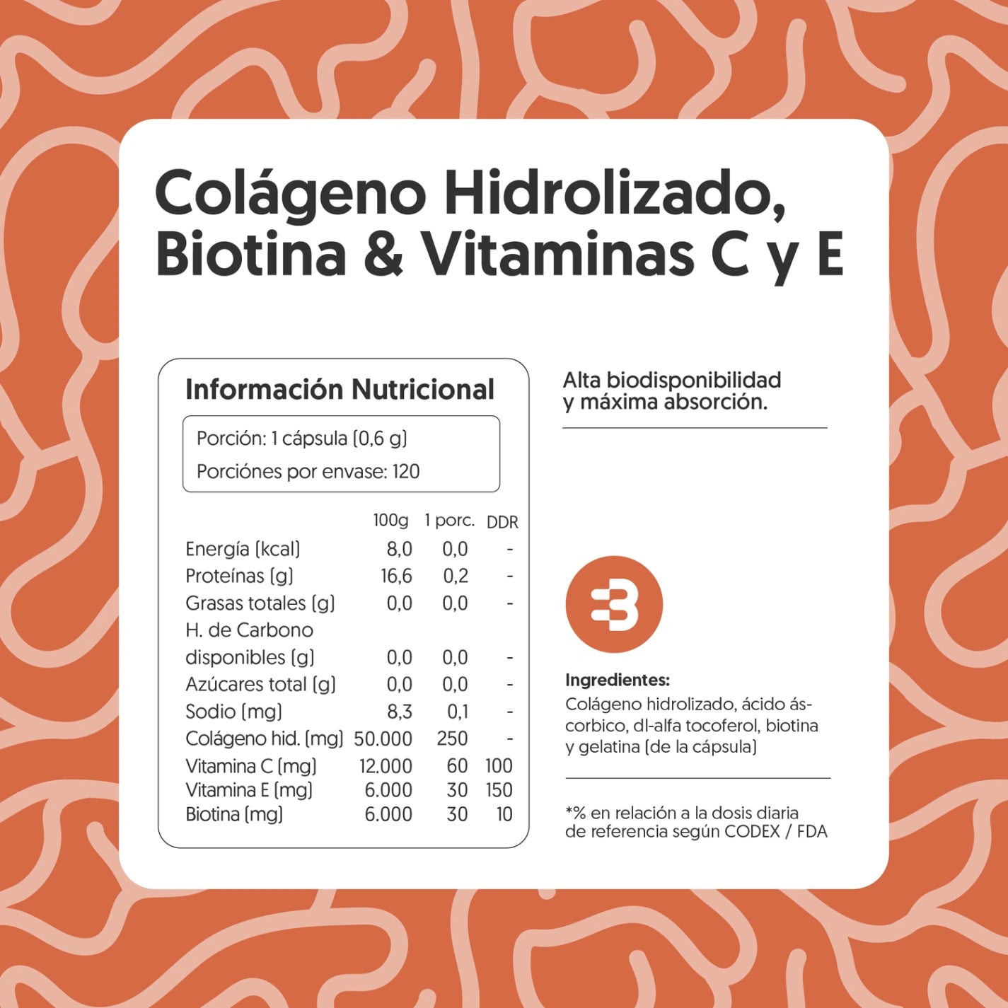Colágeno Hidrolizado, Biotina& Vitamina C y E 120 Cápsulas