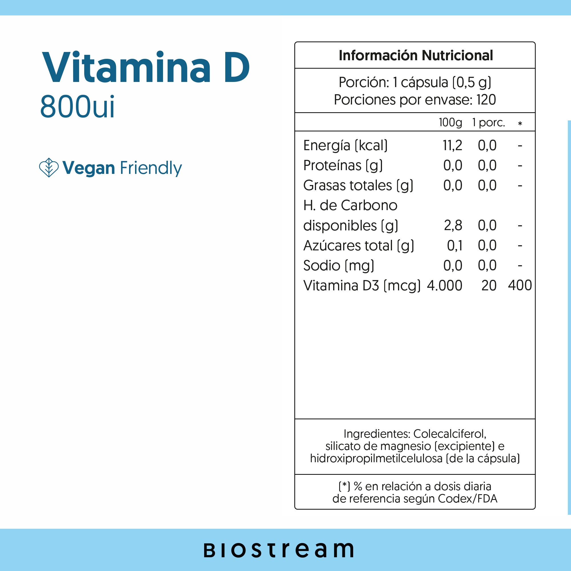 Vitamina D3 800ui 120 Cápsulas Vegana
