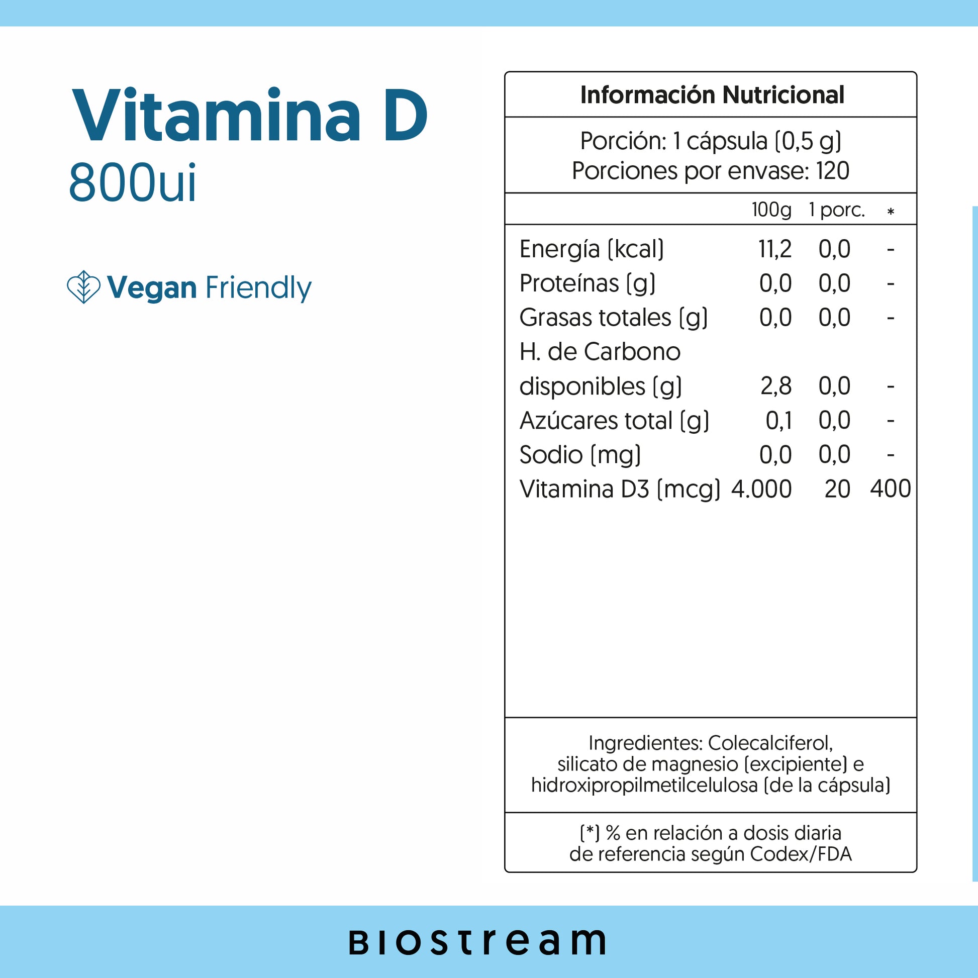 Vitamina D3 800ui 120 Cápsulas Vegana