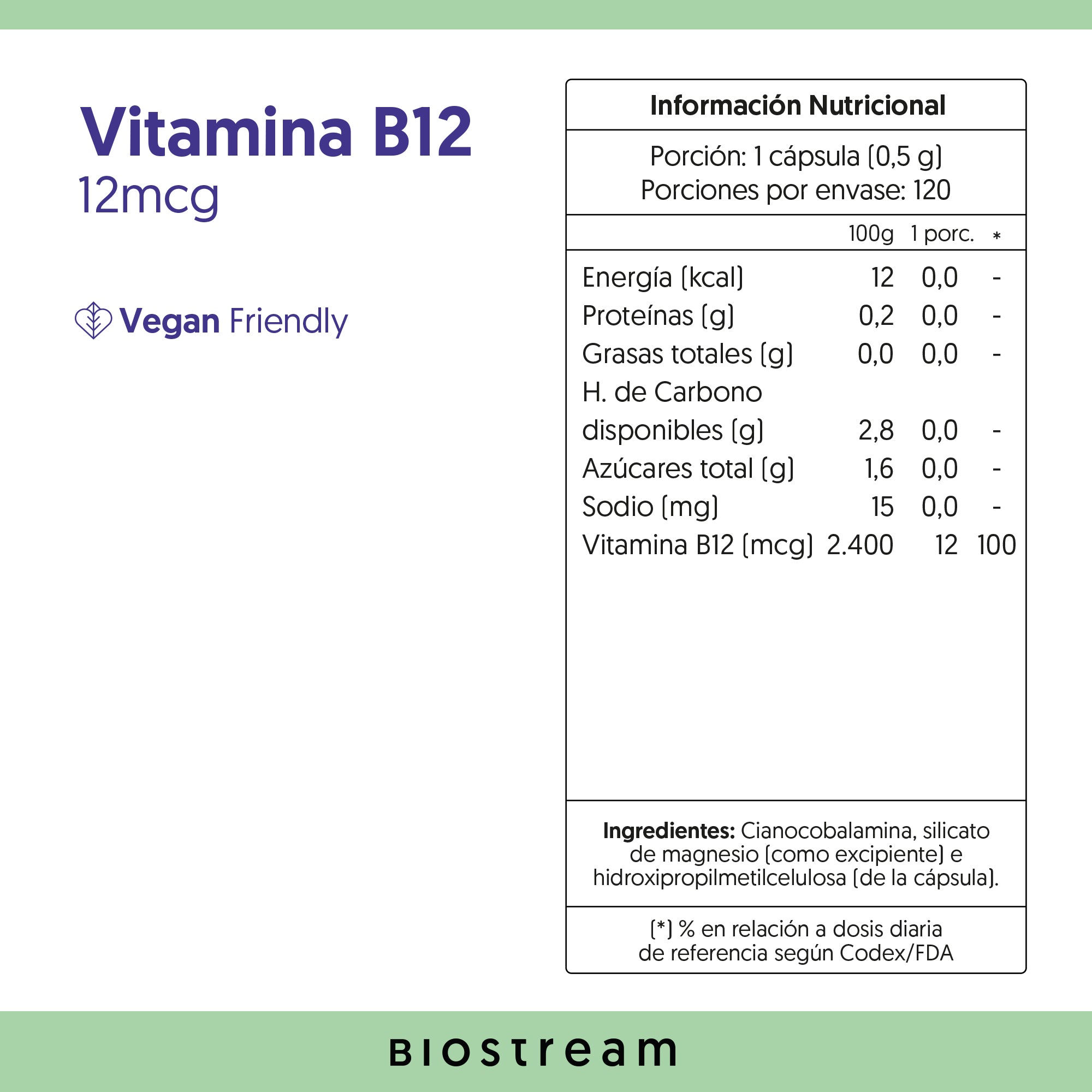 Vitamina B12 12mcg 120 Cápsulas Vegana