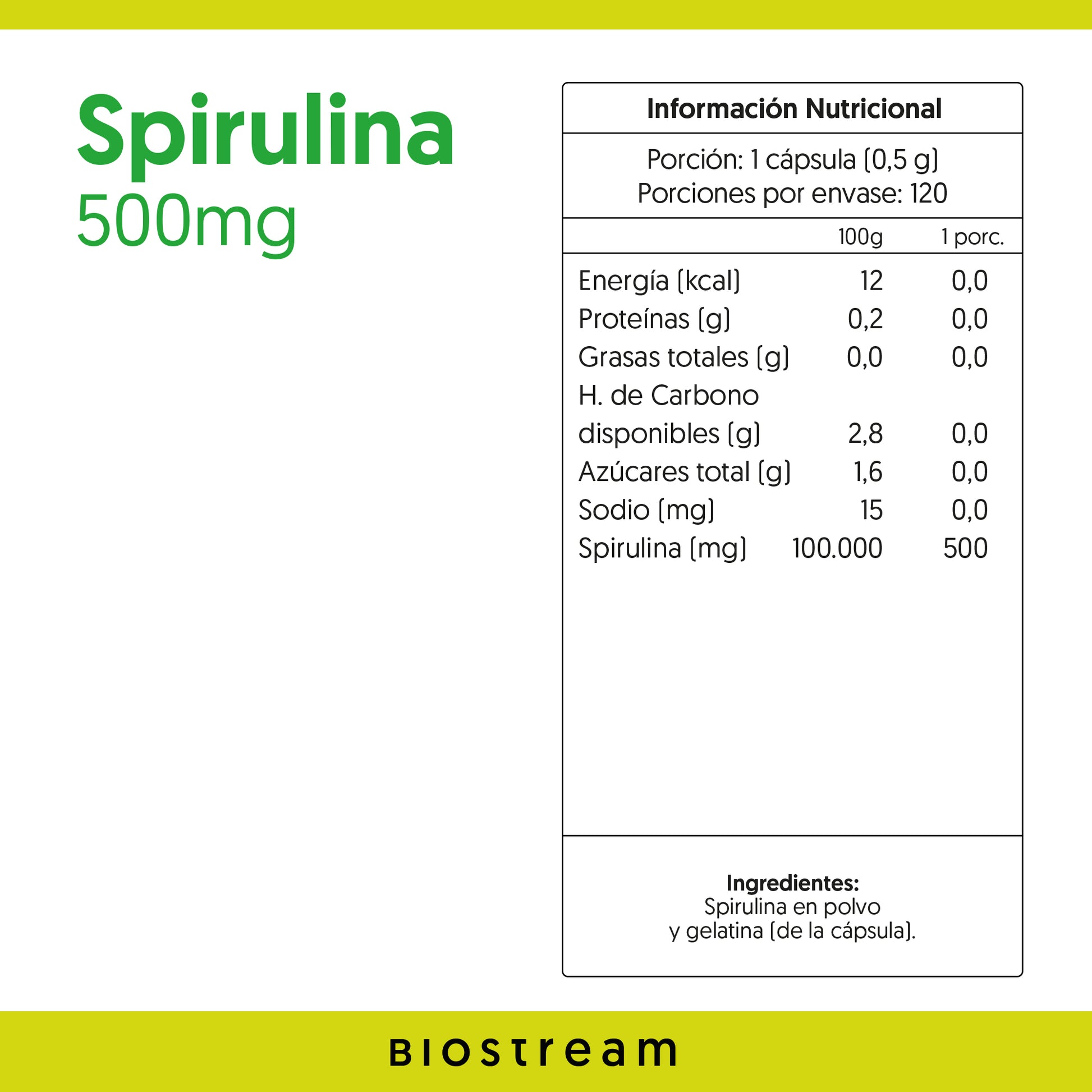 Spirulina 500mg 120 Cápsulas