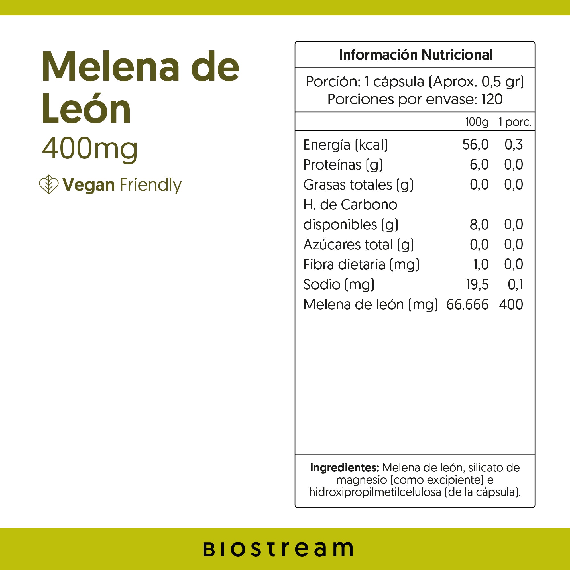 Hongo Melena de León 400mg 120 Cápsulas Vegano