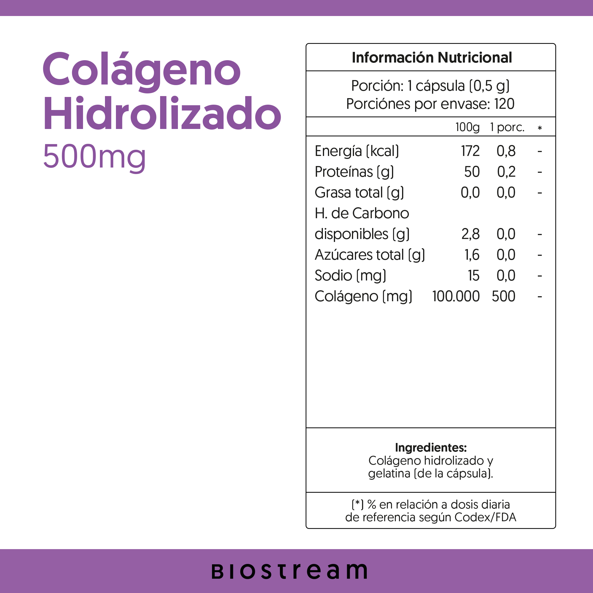 Colágeno Hidrolizado 500mg 120 Cápsulas
