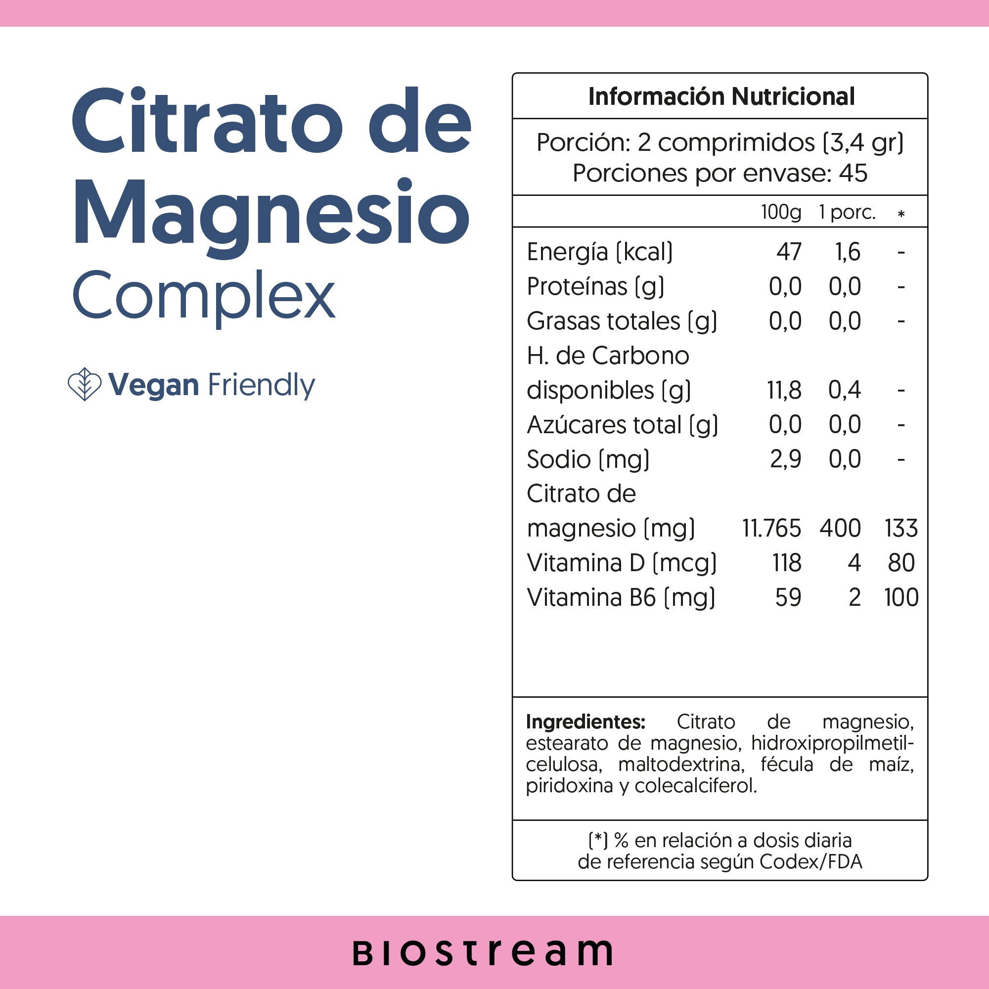 Citrato de Magnesio, Vitamina D & Vitamina B6 90 Comprimidos Vegano