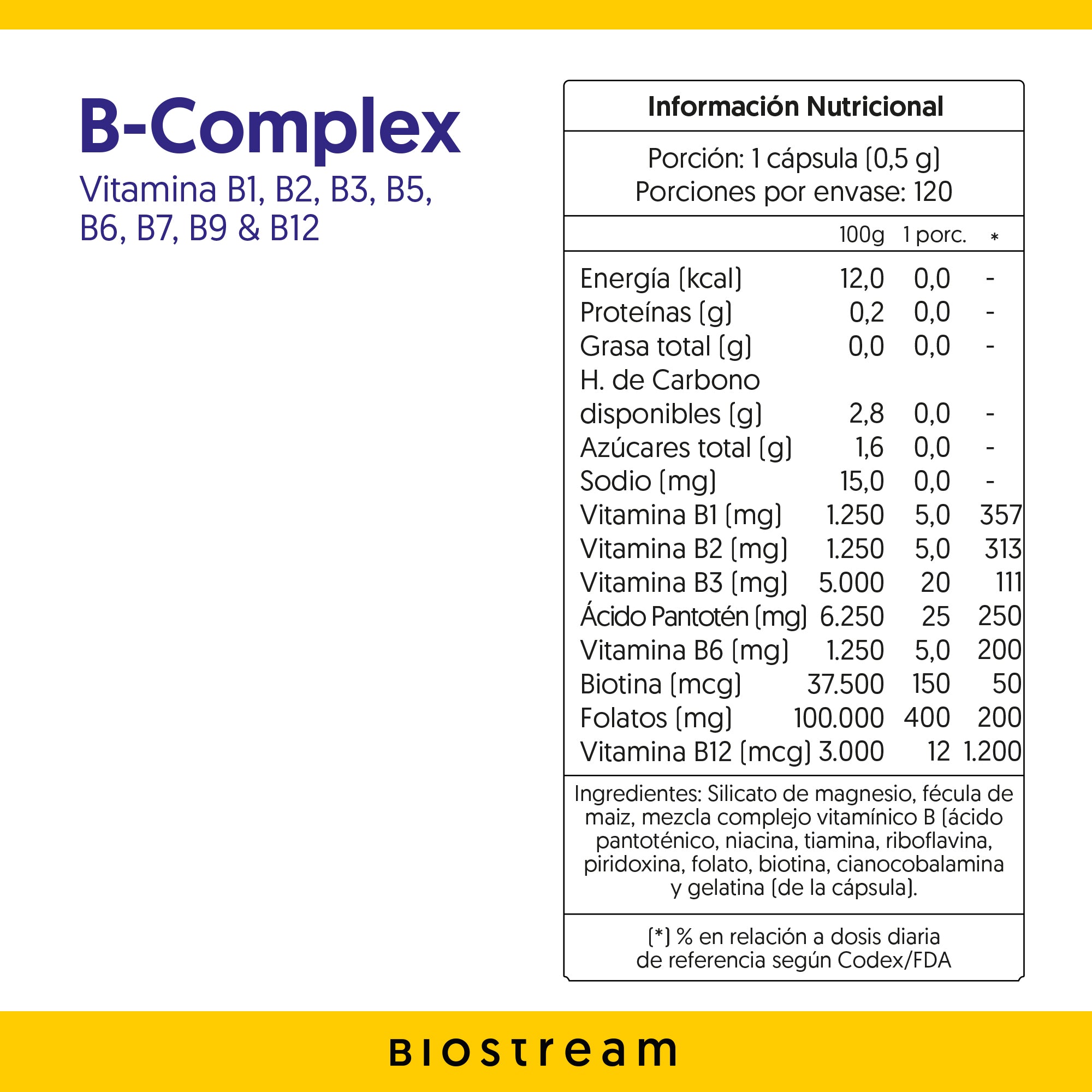 B-Complex 120 Cápsulas - Vitamina B1, B2, B3, B5, B6, B7, B9 & B12 - Vegano