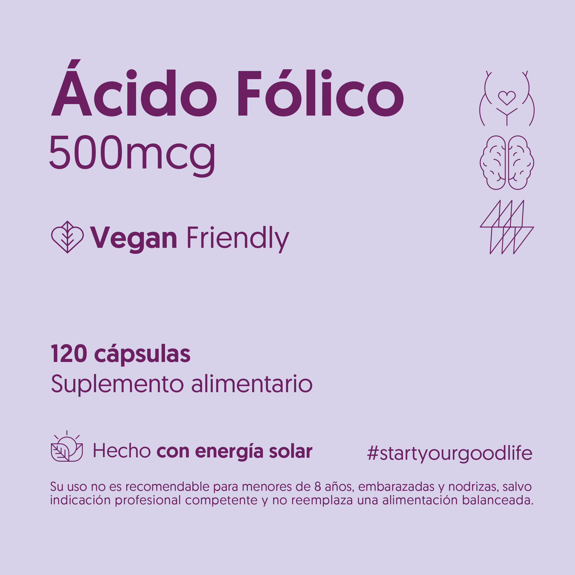 Ácido Fólico 500mcg 120 Cápsulas Vegano
