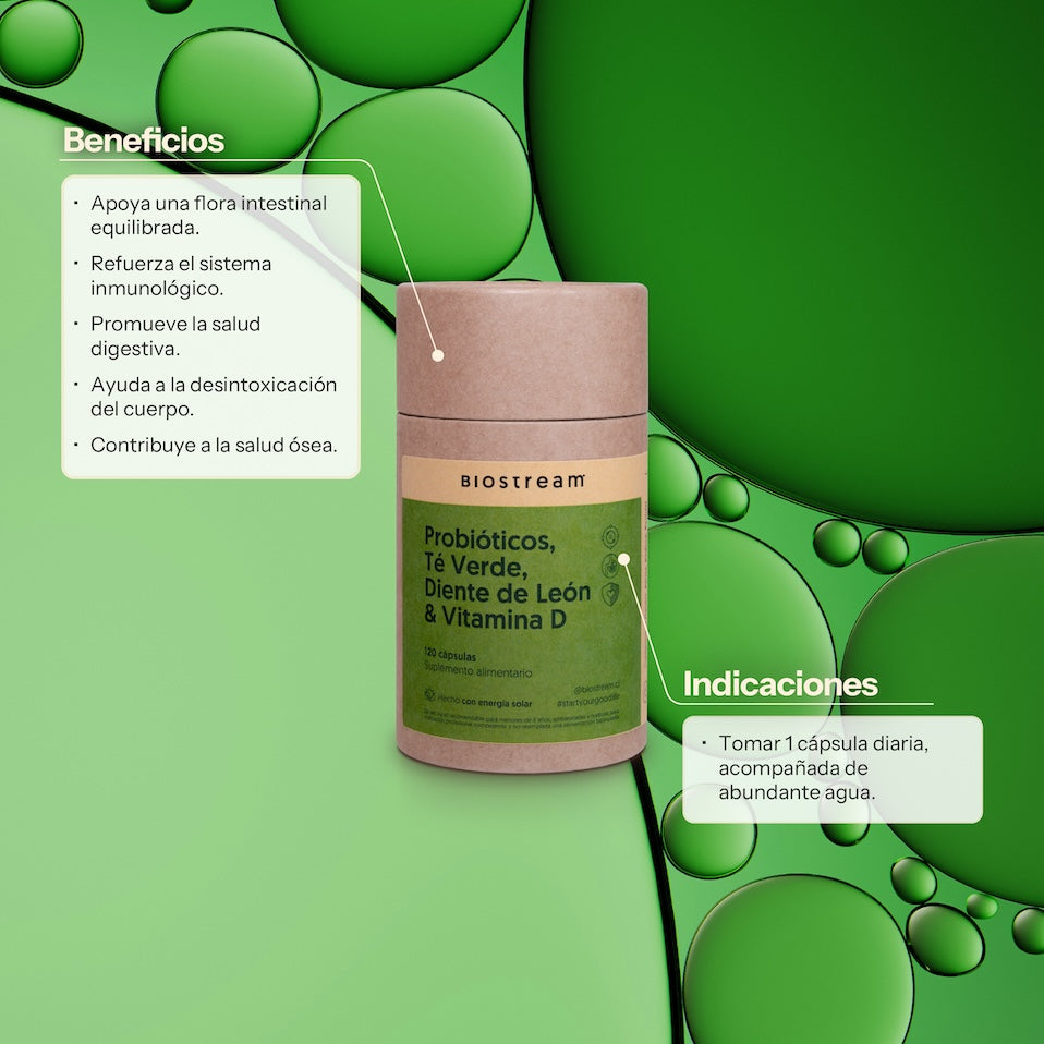 Probióticos, Té Verde, Diente de León & Vitamina E 120 Cápsulas