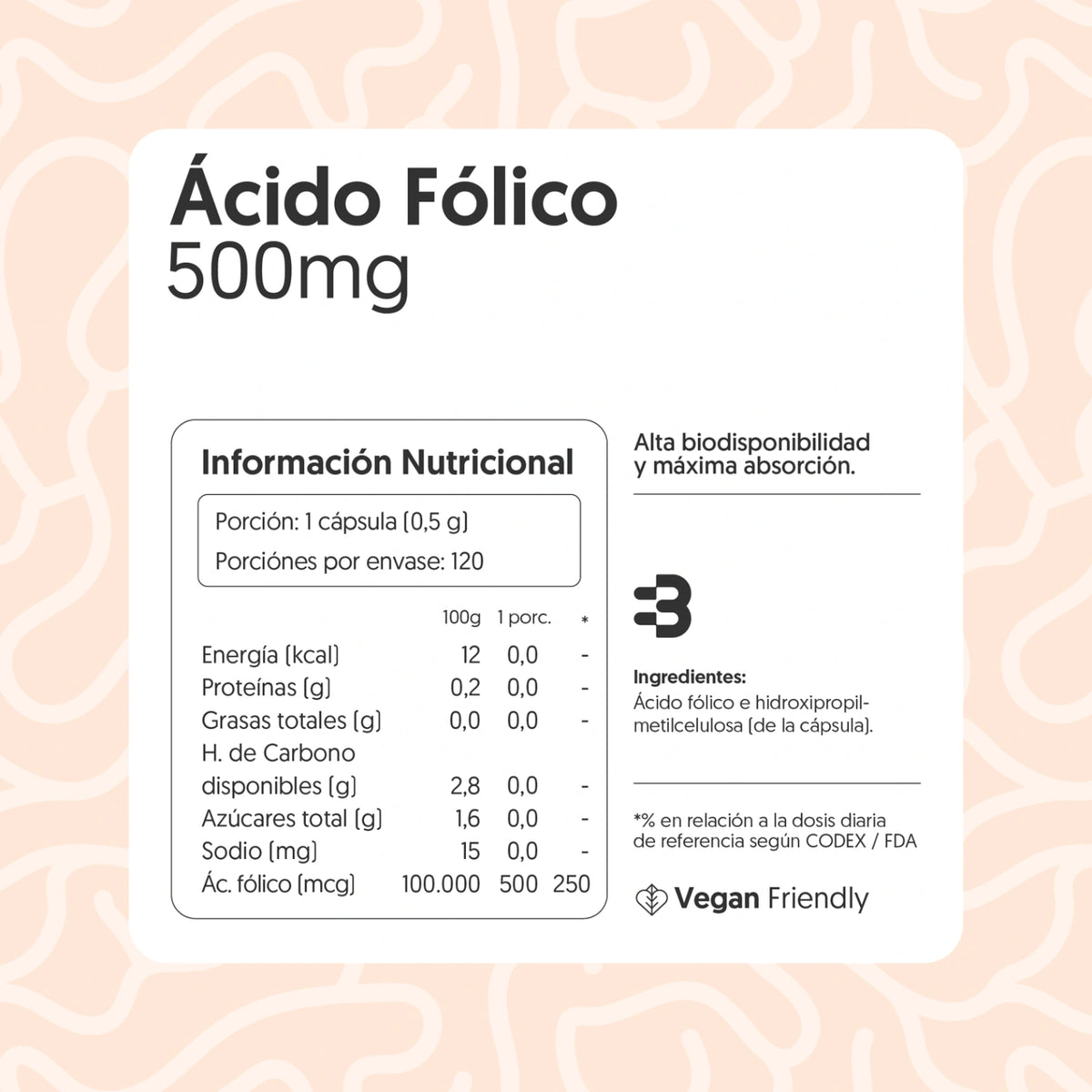 Ácido Fólico 500mcg 120 Cápsulas Vegano