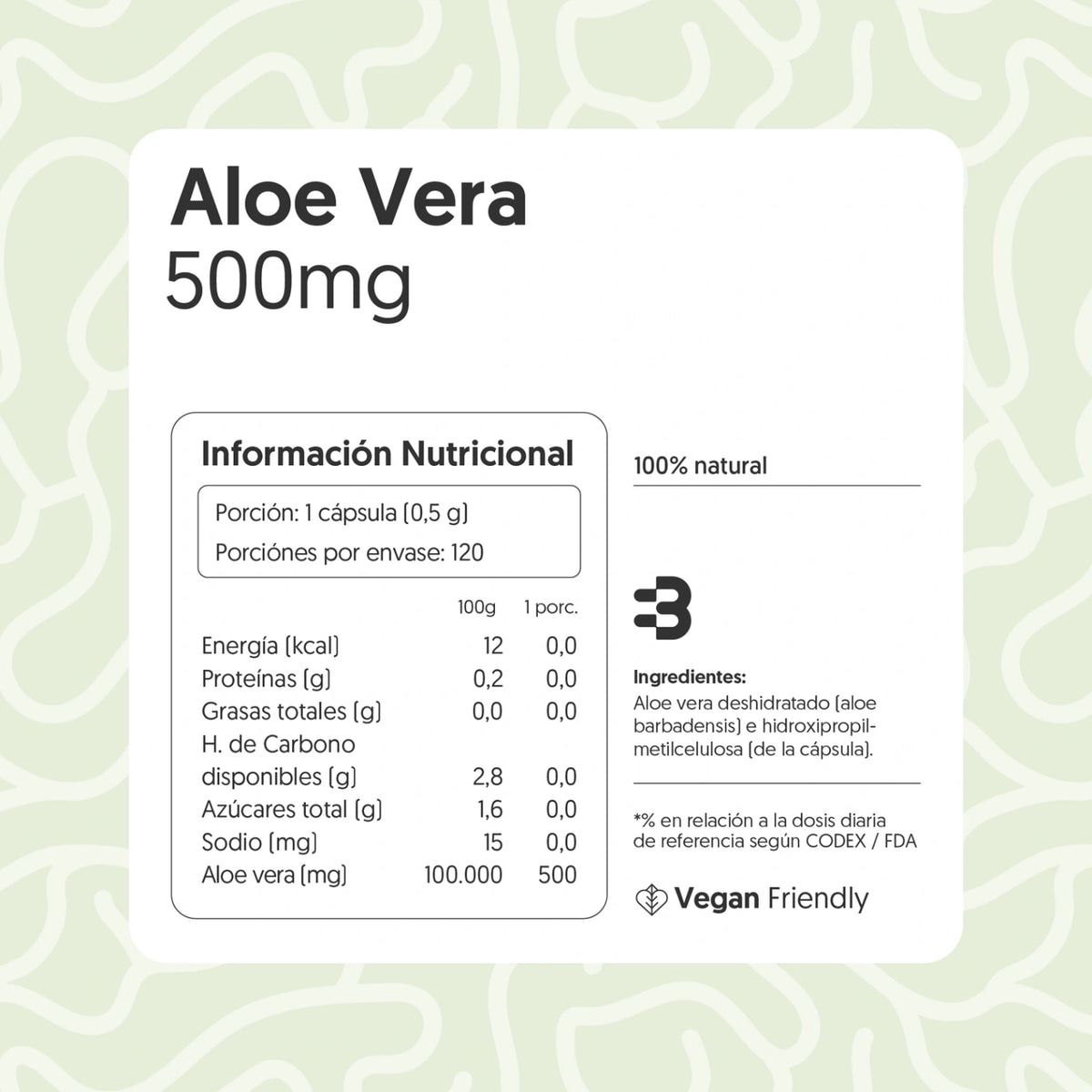 Aloe Vera 500mg 120 Cápsulas Vegano