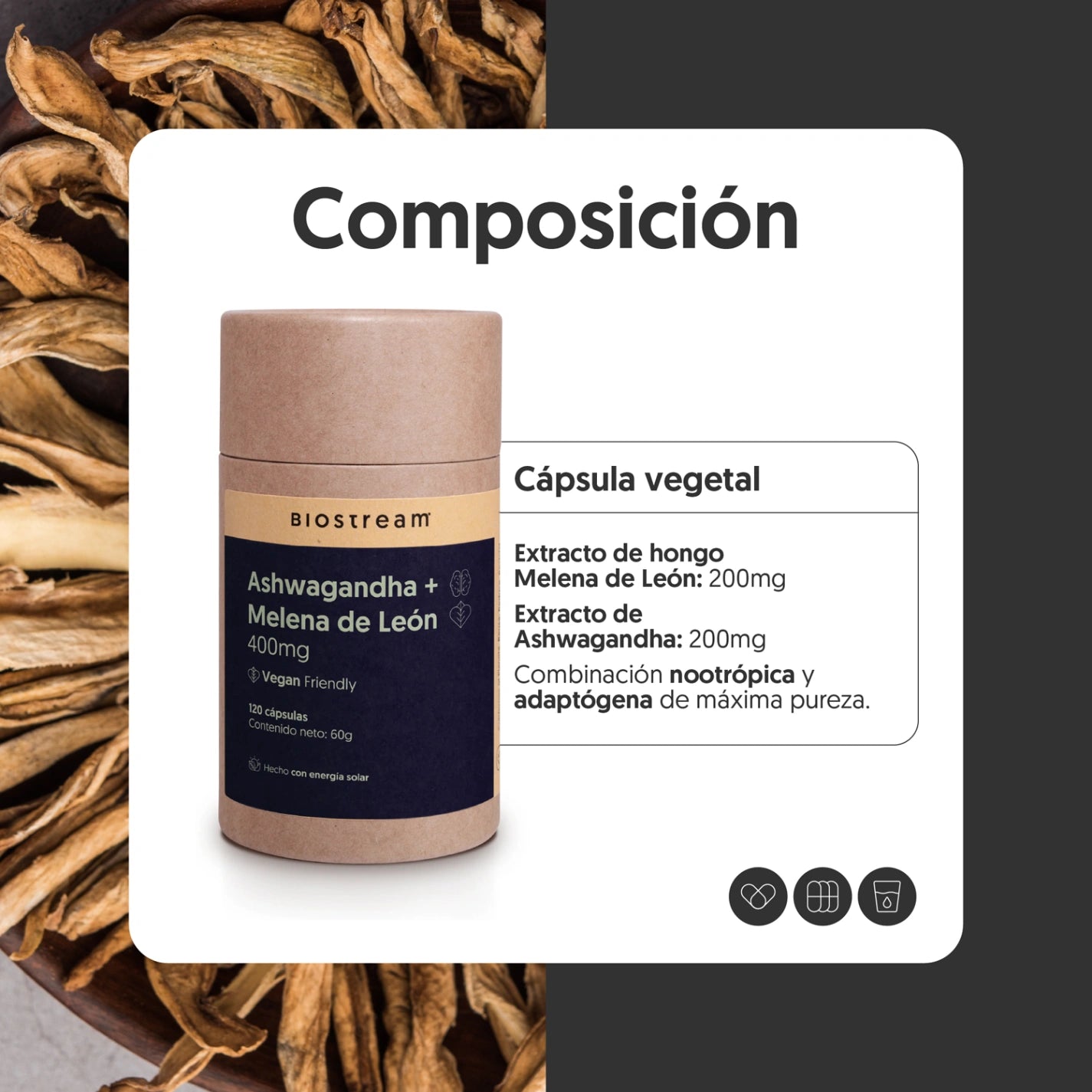 Ashwagandha + Melena de león 400mg 120 cápsulas Vegana
