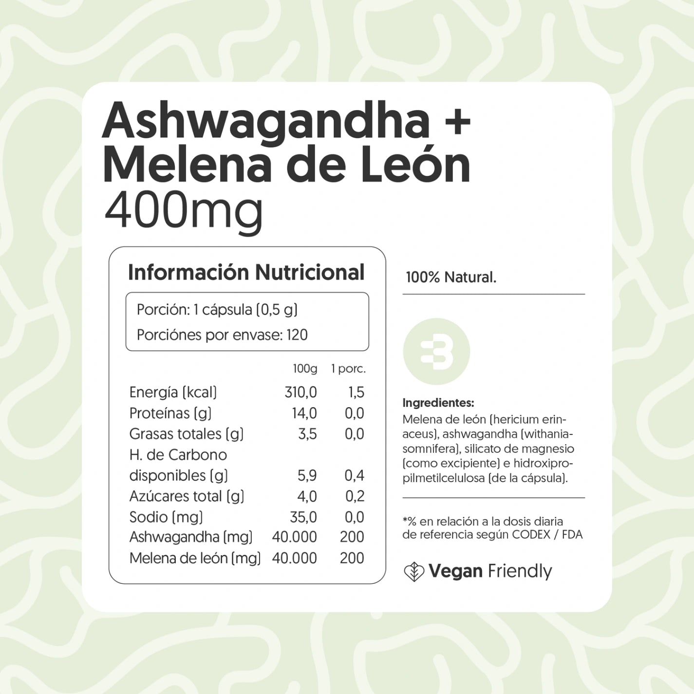Ashwagandha + Melena de león 400mg 120 cápsulas Vegana