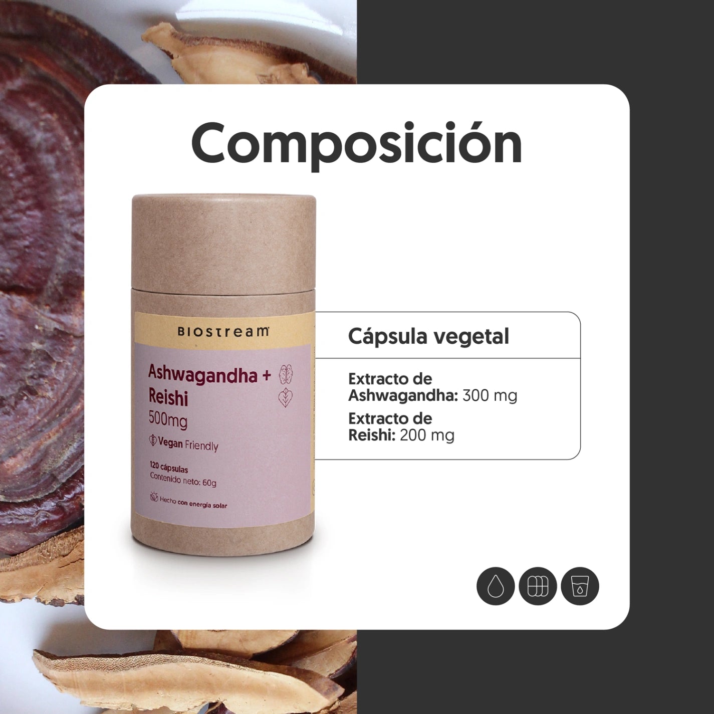 Ashwagandha + Reishi 500mg 120 cápsulas Vegana