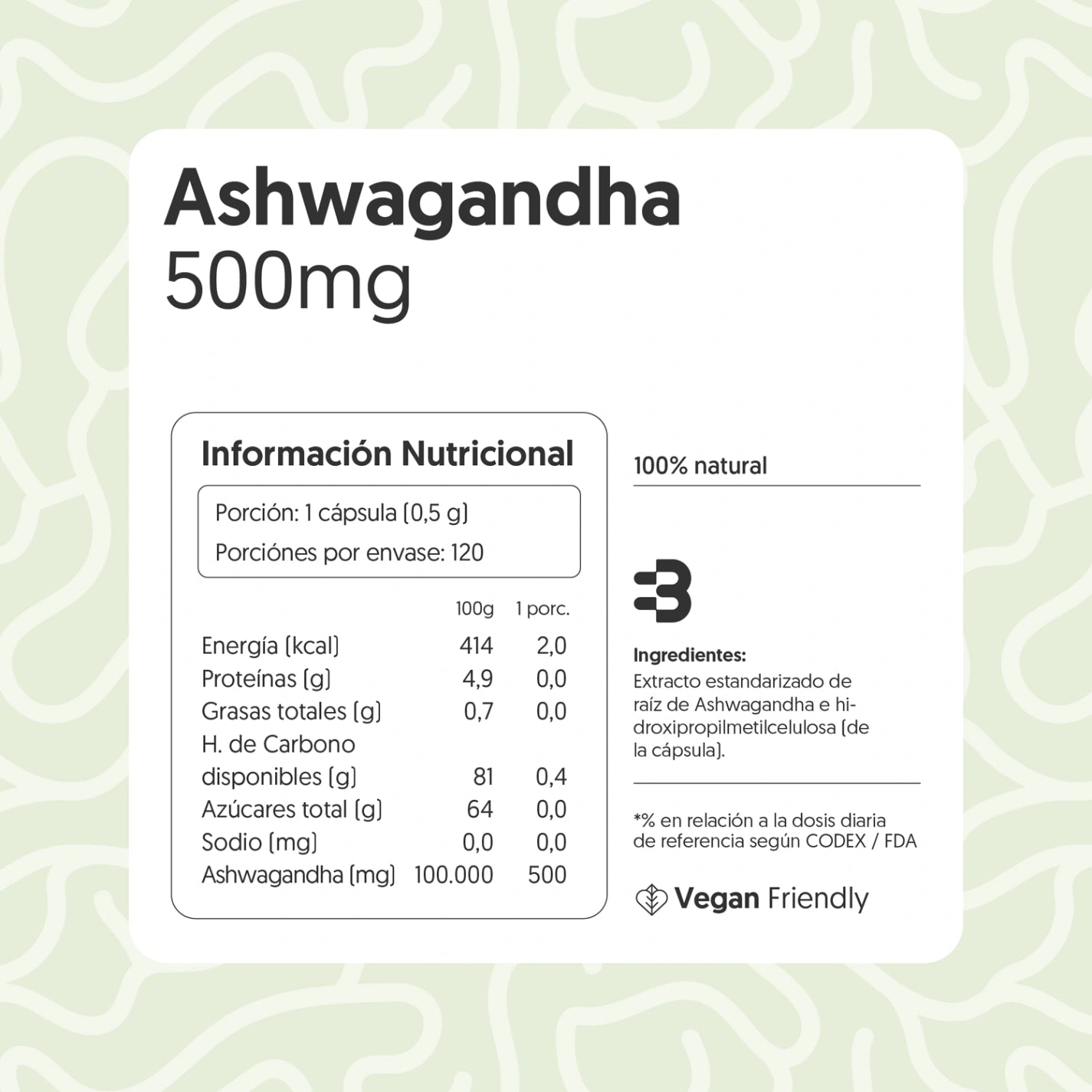Ashwagandha 500mg 120 Cápsulas Vegana