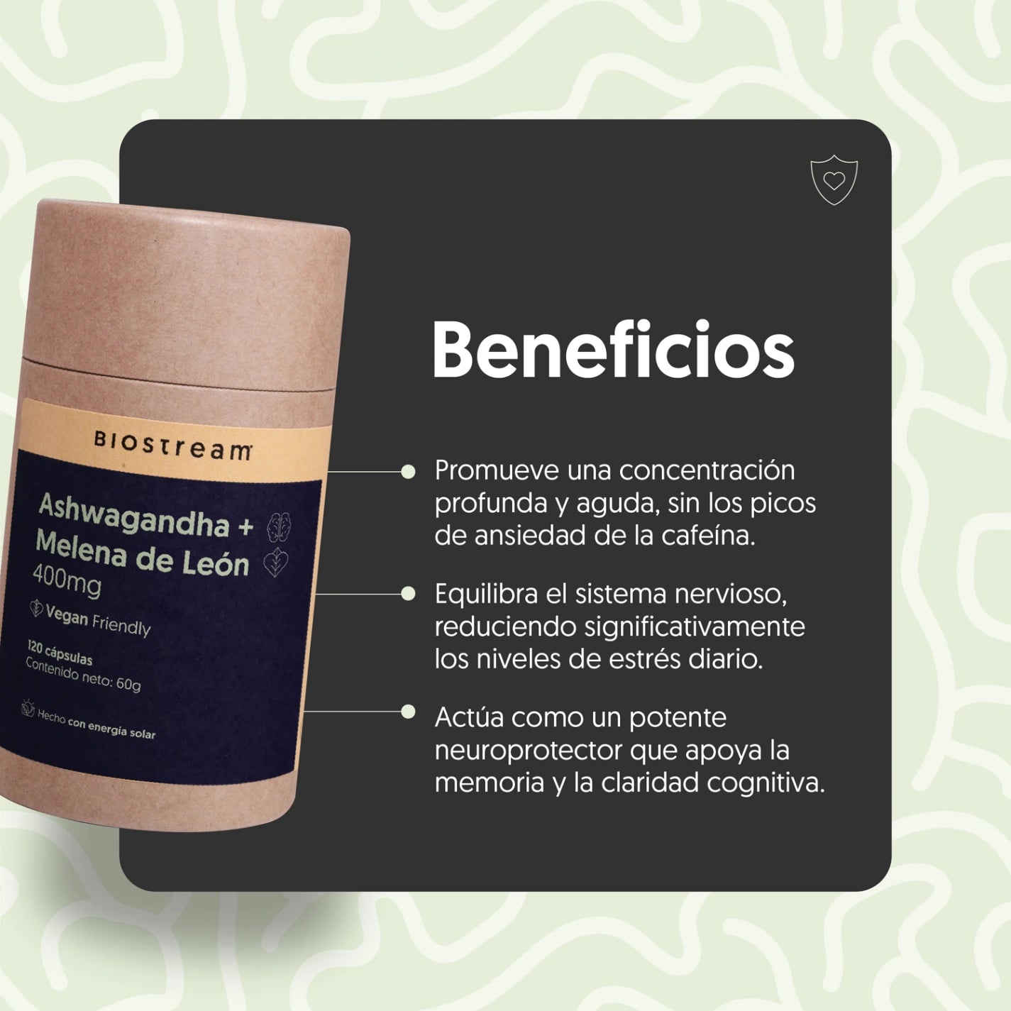 Ashwagandha + Melena de león 400mg 120 cápsulas Vegana