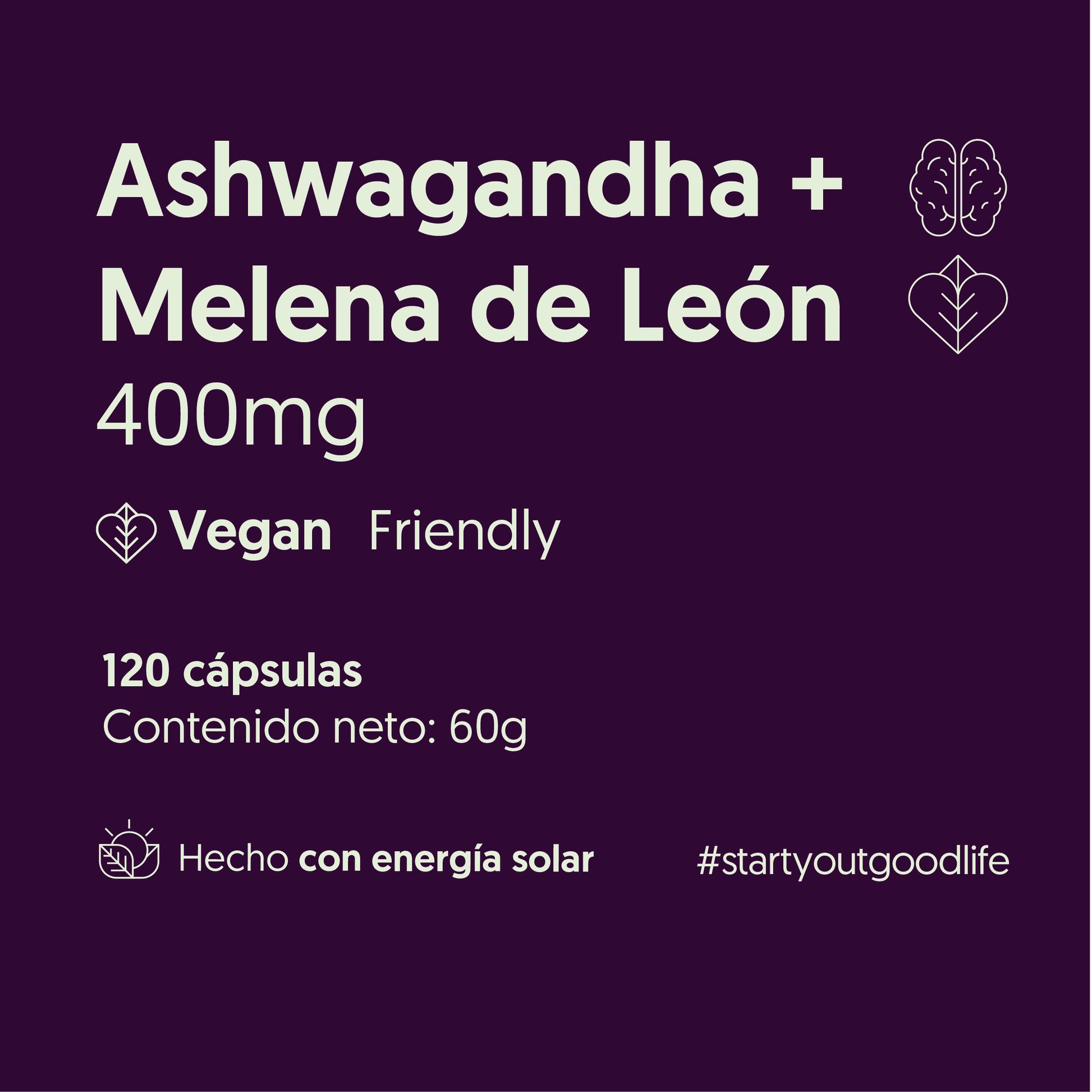 Ashwagandha + Melena de león 400mg 120 cápsulas Vegana
