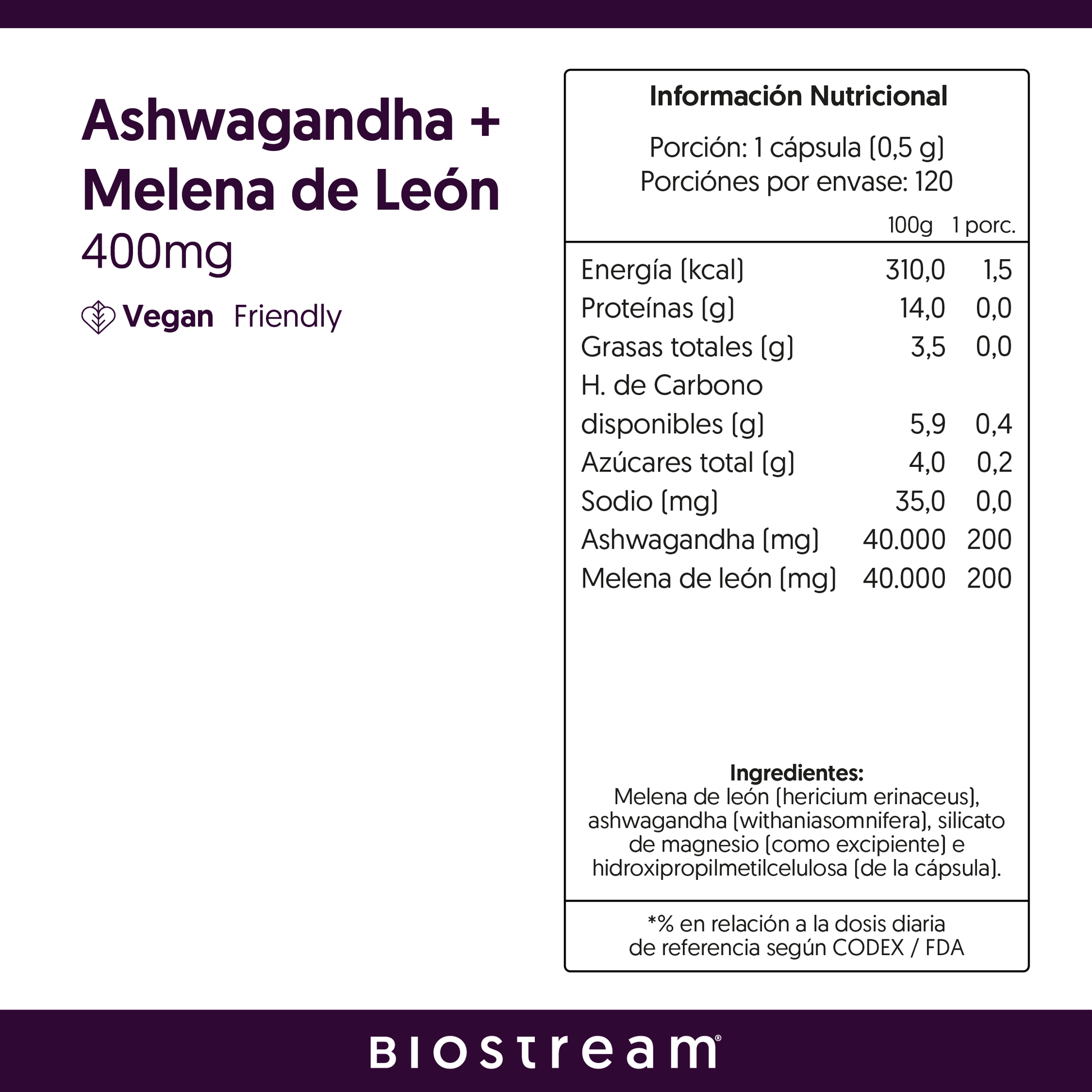 Ashwagandha + Melena de león 400mg 120 cápsulas Vegana