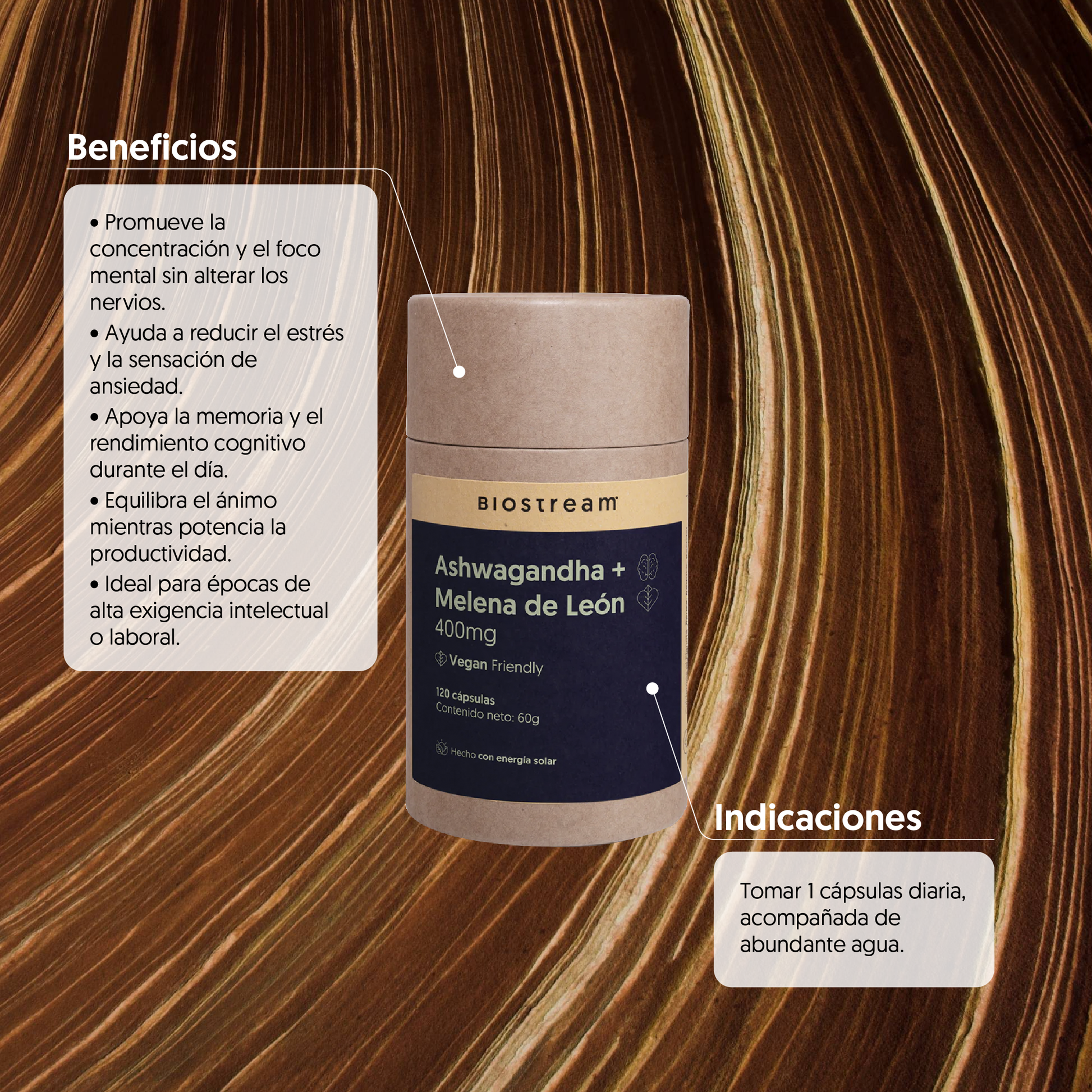 Ashwagandha + Melena de león 400mg 120 cápsulas Vegana