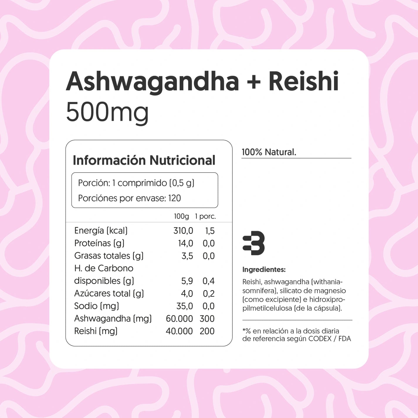 Ashwagandha + Reishi 500mg 120 cápsulas Vegana