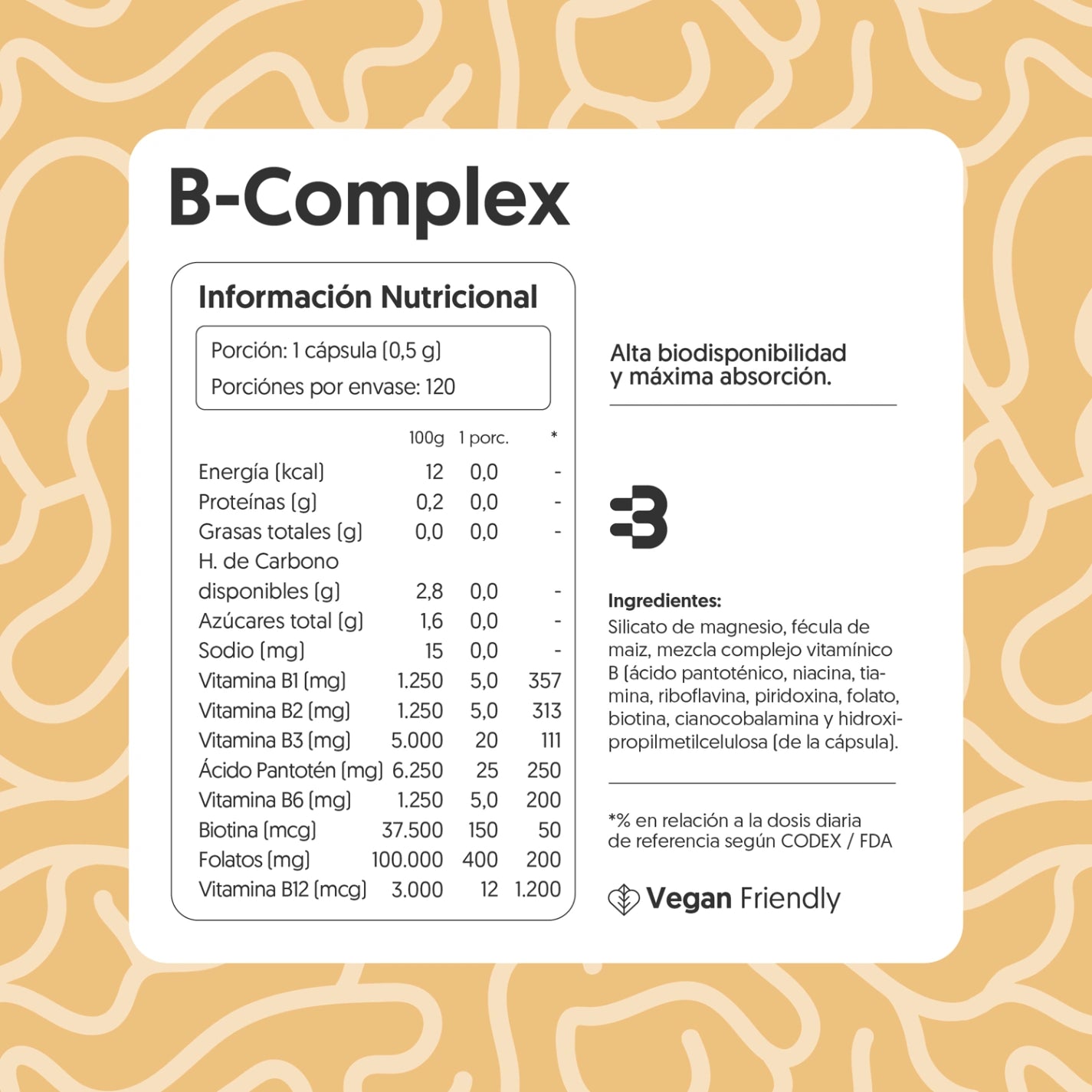 B-Complex 120 Cápsulas - Vitamina B1, B2, B3, B5, B6, B7, B9 & B12 - Vegano