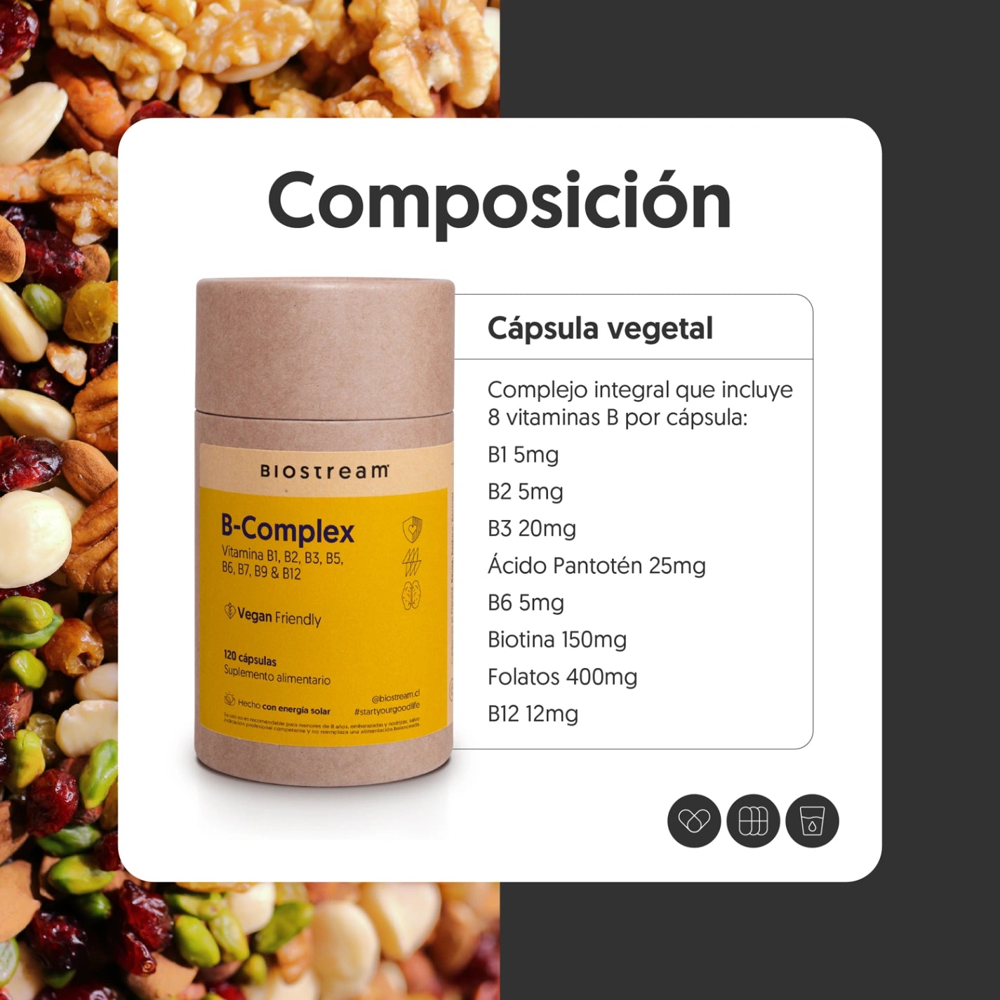 B-Complex 120 Cápsulas - Vitamina B1, B2, B3, B5, B6, B7, B9 & B12 - Vegano