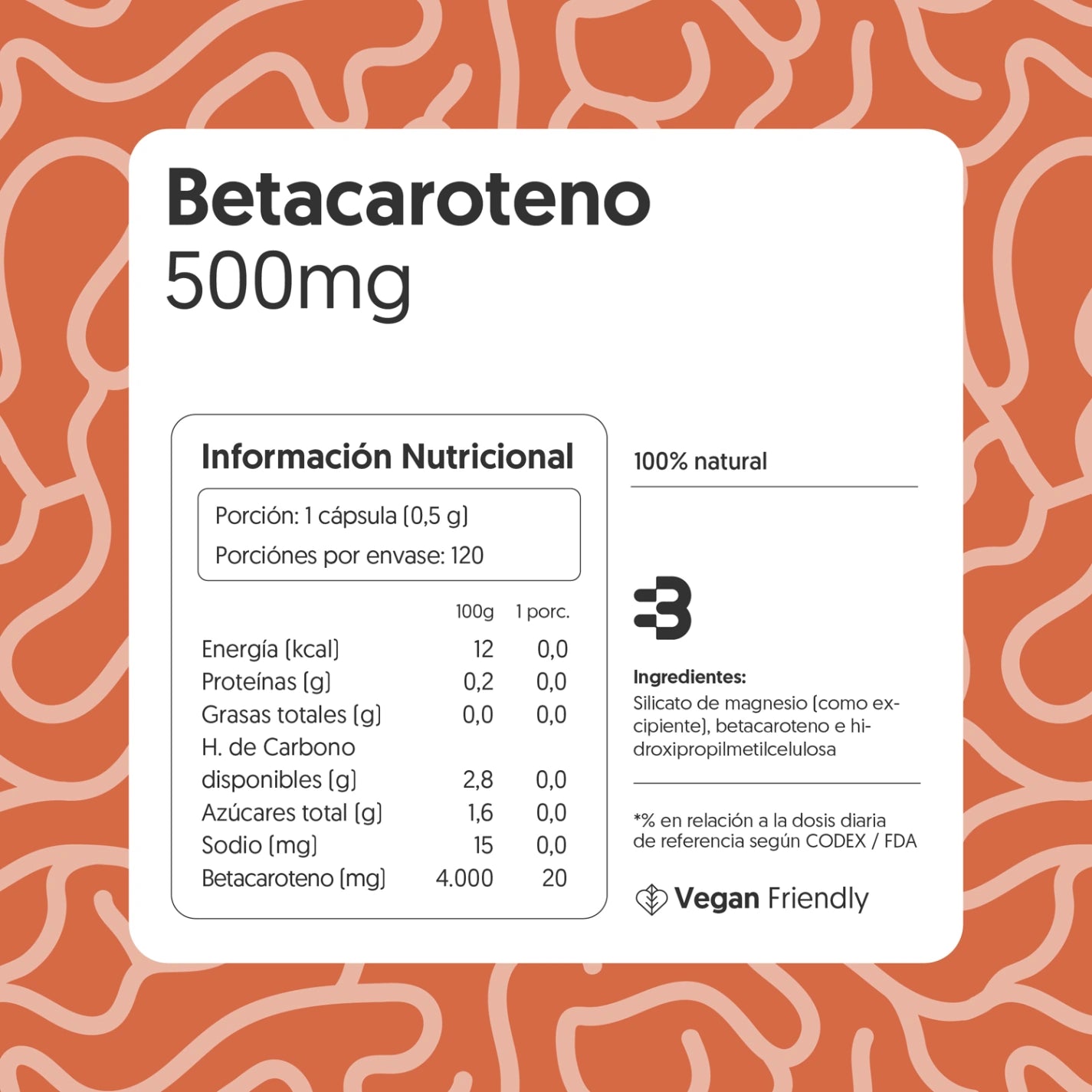 Betacaroteno 500mg 120 Cápsulas Vegano