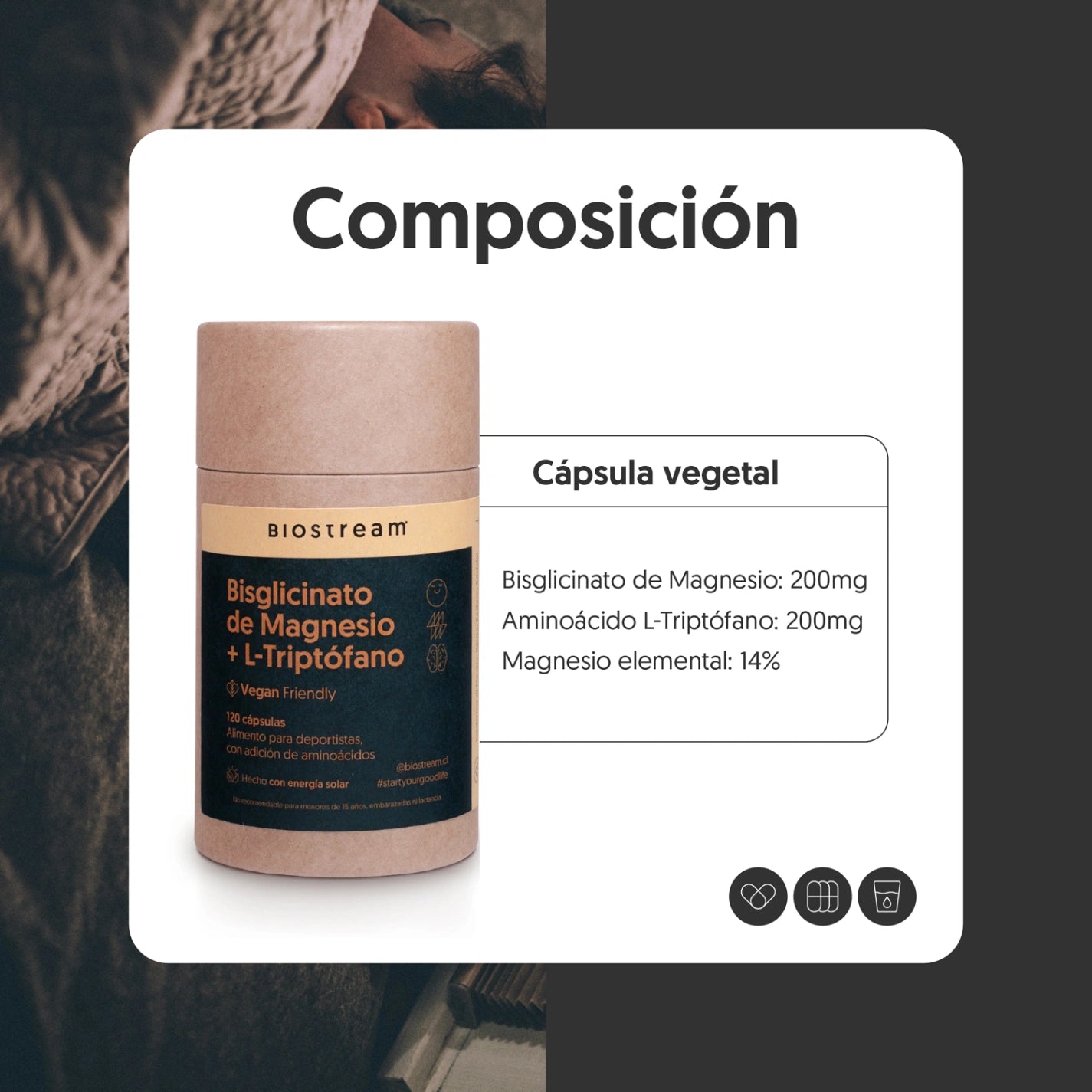 Bisglicinato de Magnesio + L-triptófano 120 Cápsulas Vegano