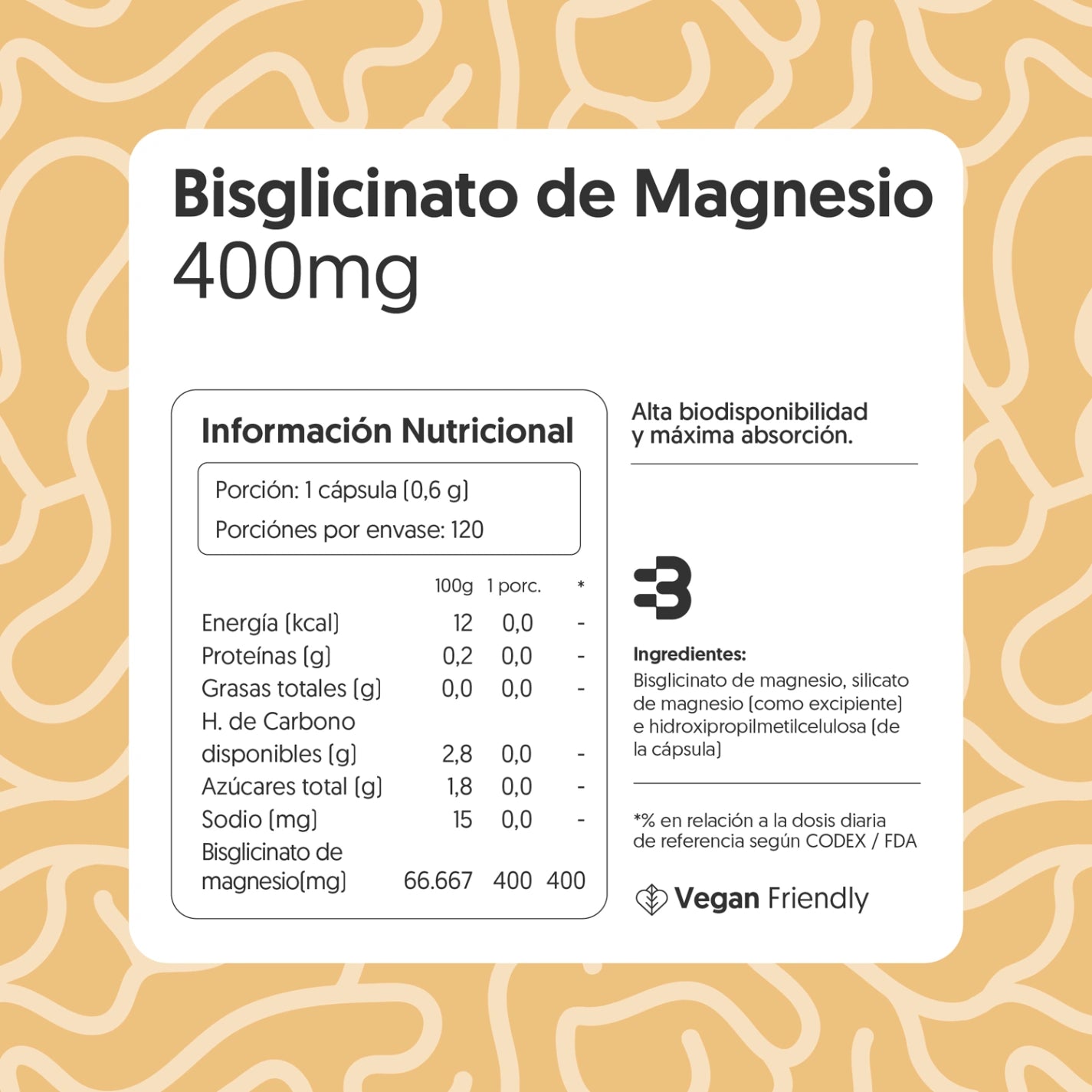 Bisglicinato de Magnesio 400mg 120 Capsulas Vegano