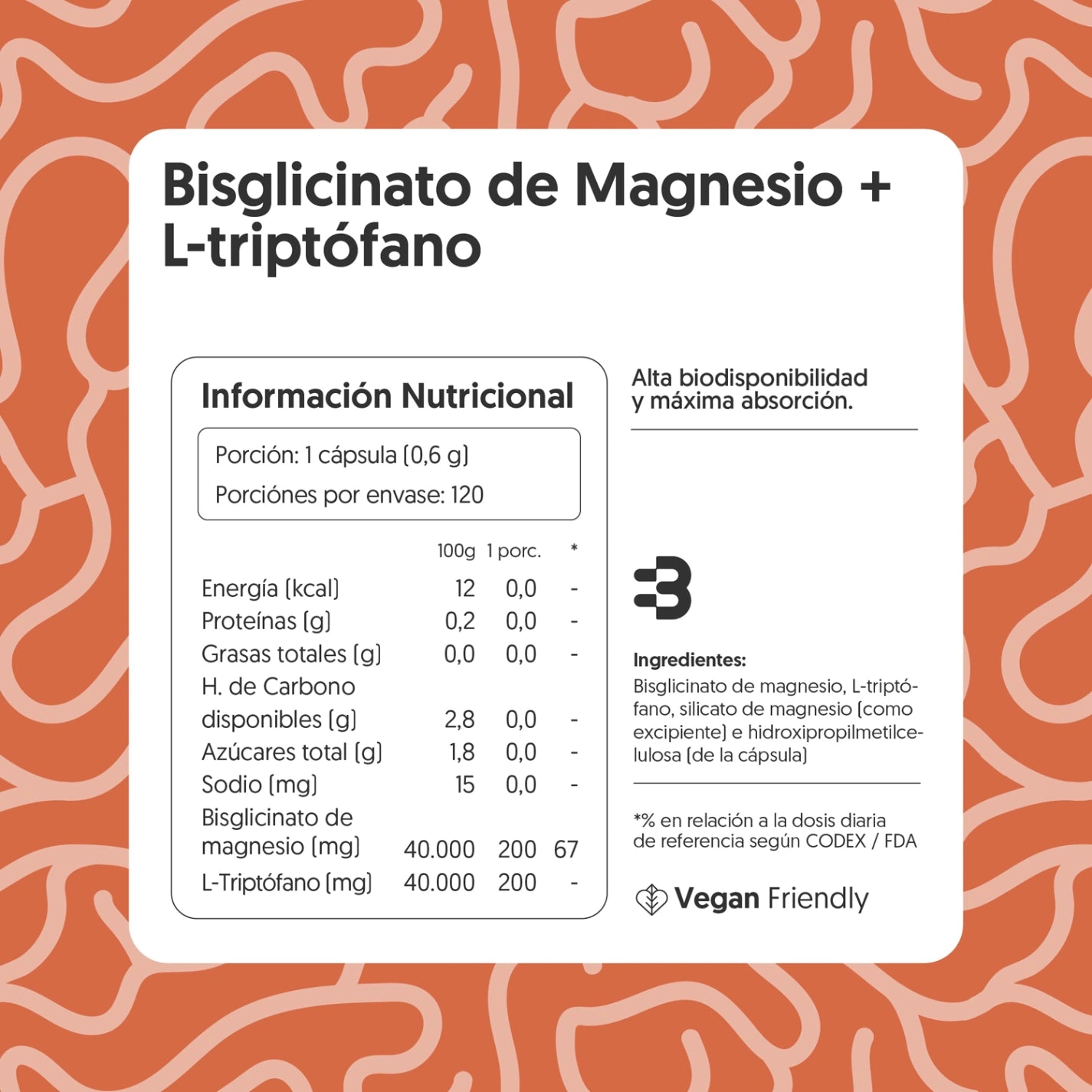 Bisglicinato de Magnesio + L-triptófano 120 Cápsulas Vegano