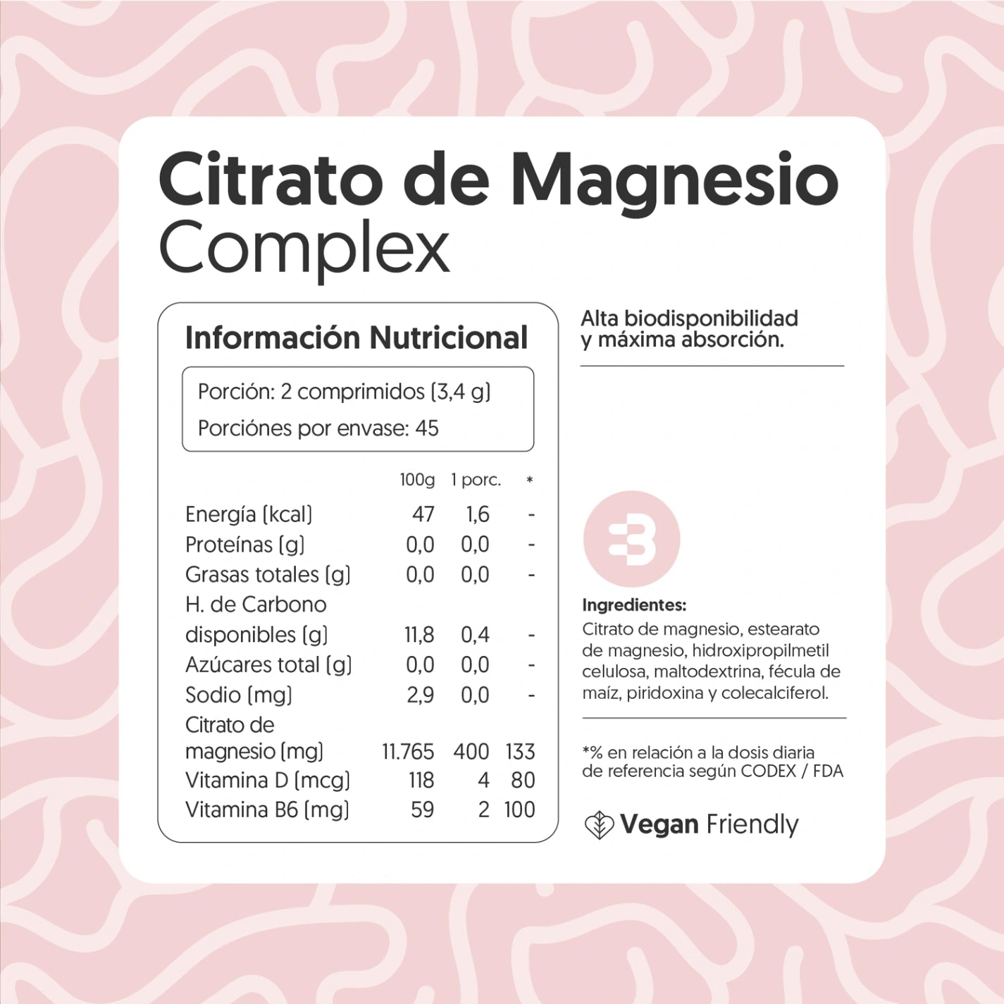 Citrato de Magnesio, Vitamina D & Vitamina B6 90 Comprimidos Vegano
