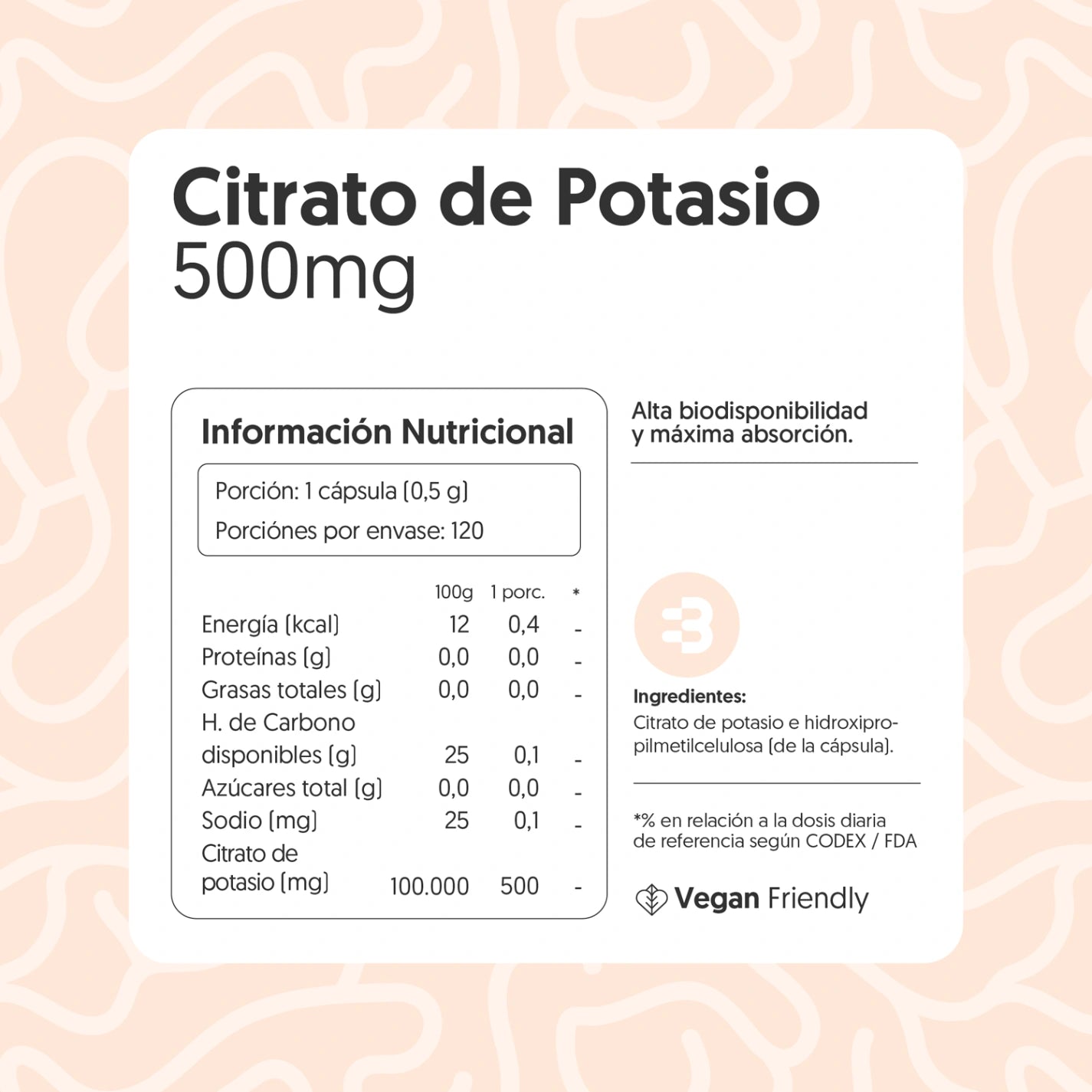 Citrato De Potasio 120 Cápsulas Vegano