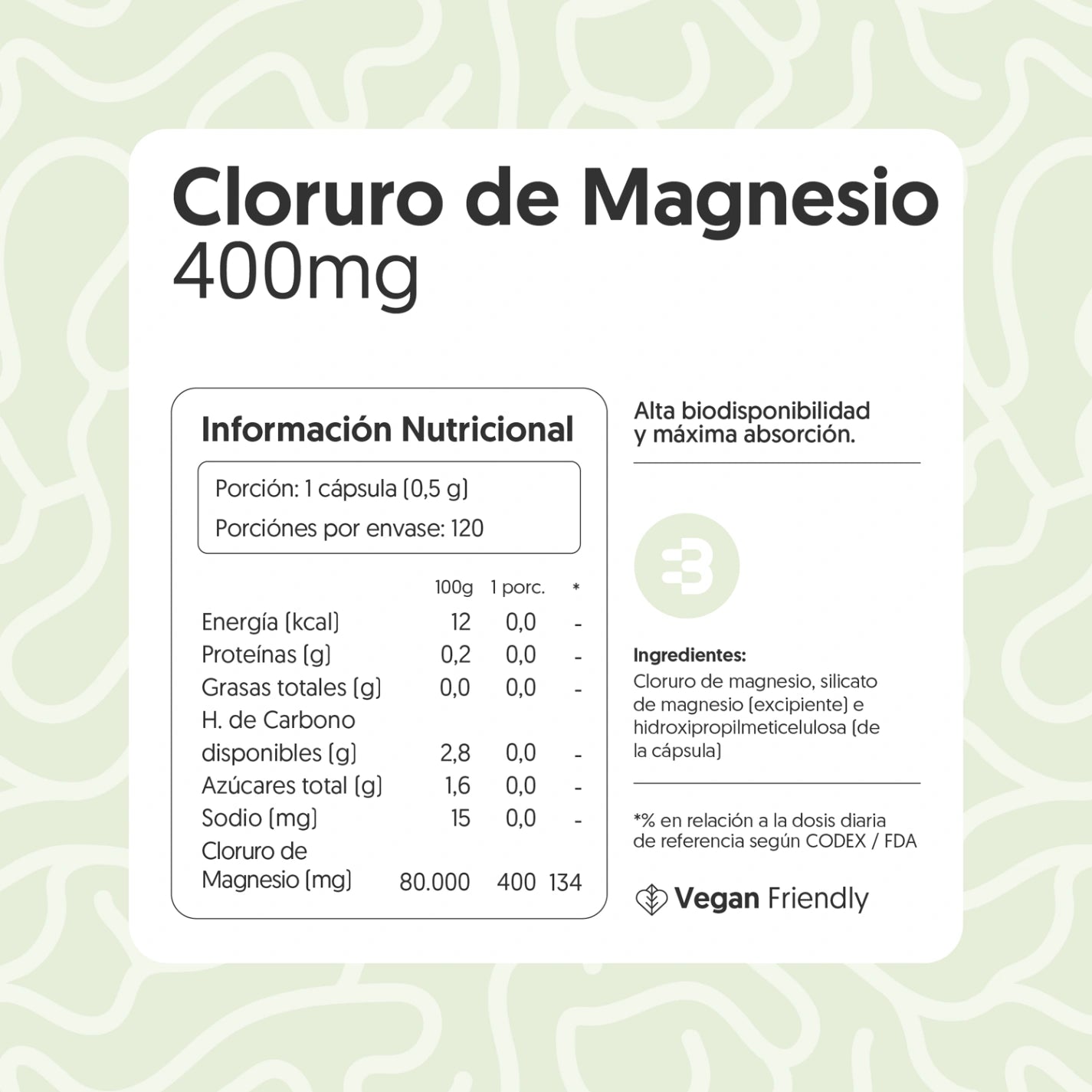 Cloruro de Magnesio 400mg 120 Cápsulas Vegano