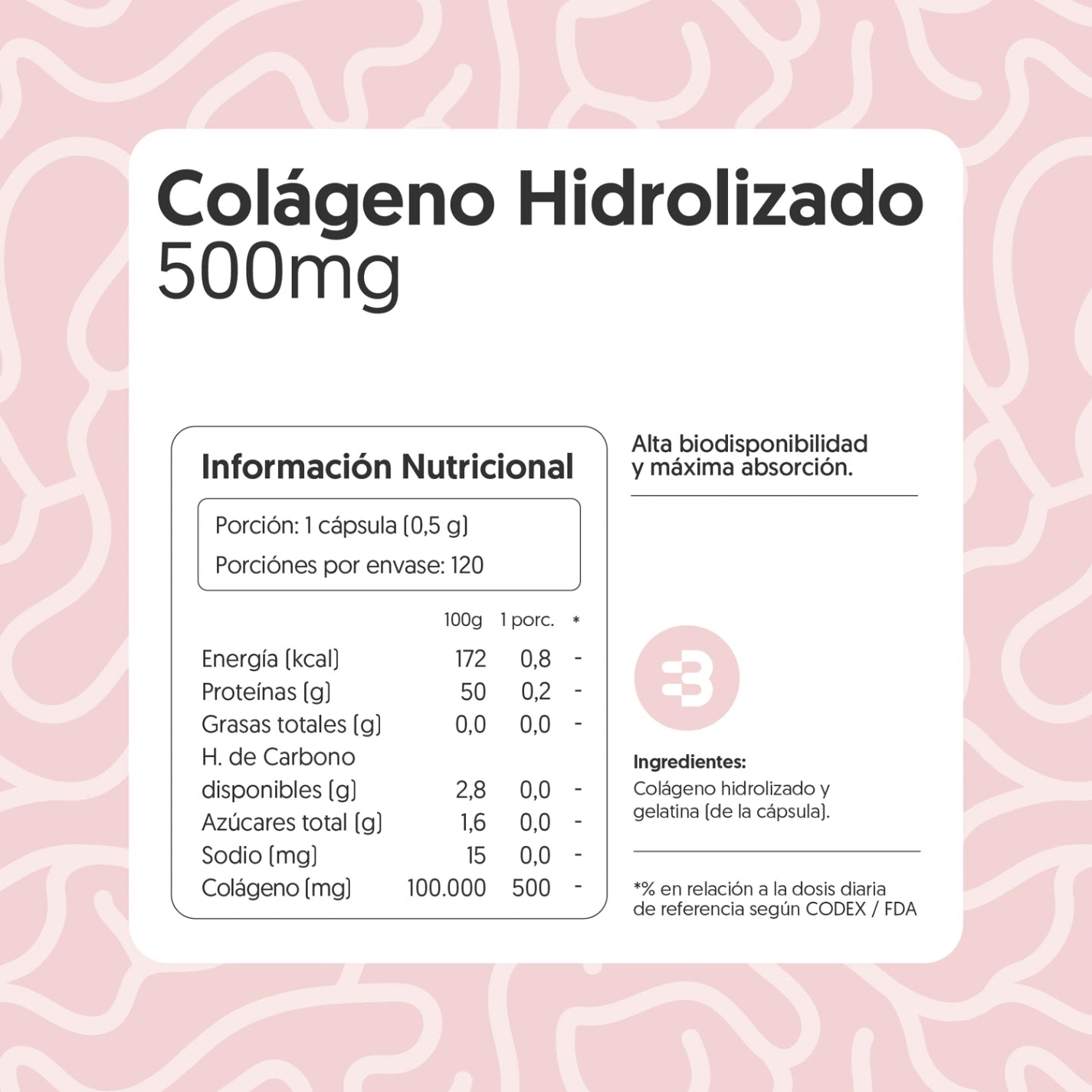 Colágeno Hidrolizado 500mg 120 Cápsulas