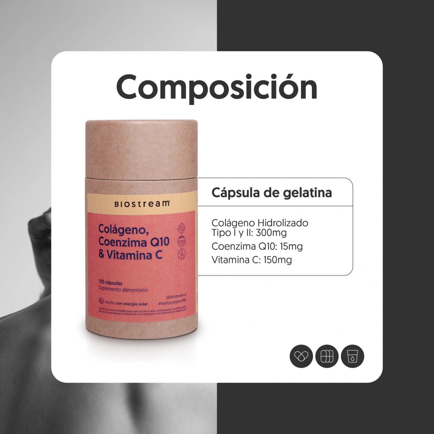 Colágeno Hidrolizado, Coenzima Q10 & Vitamina C 120 Cápsulas