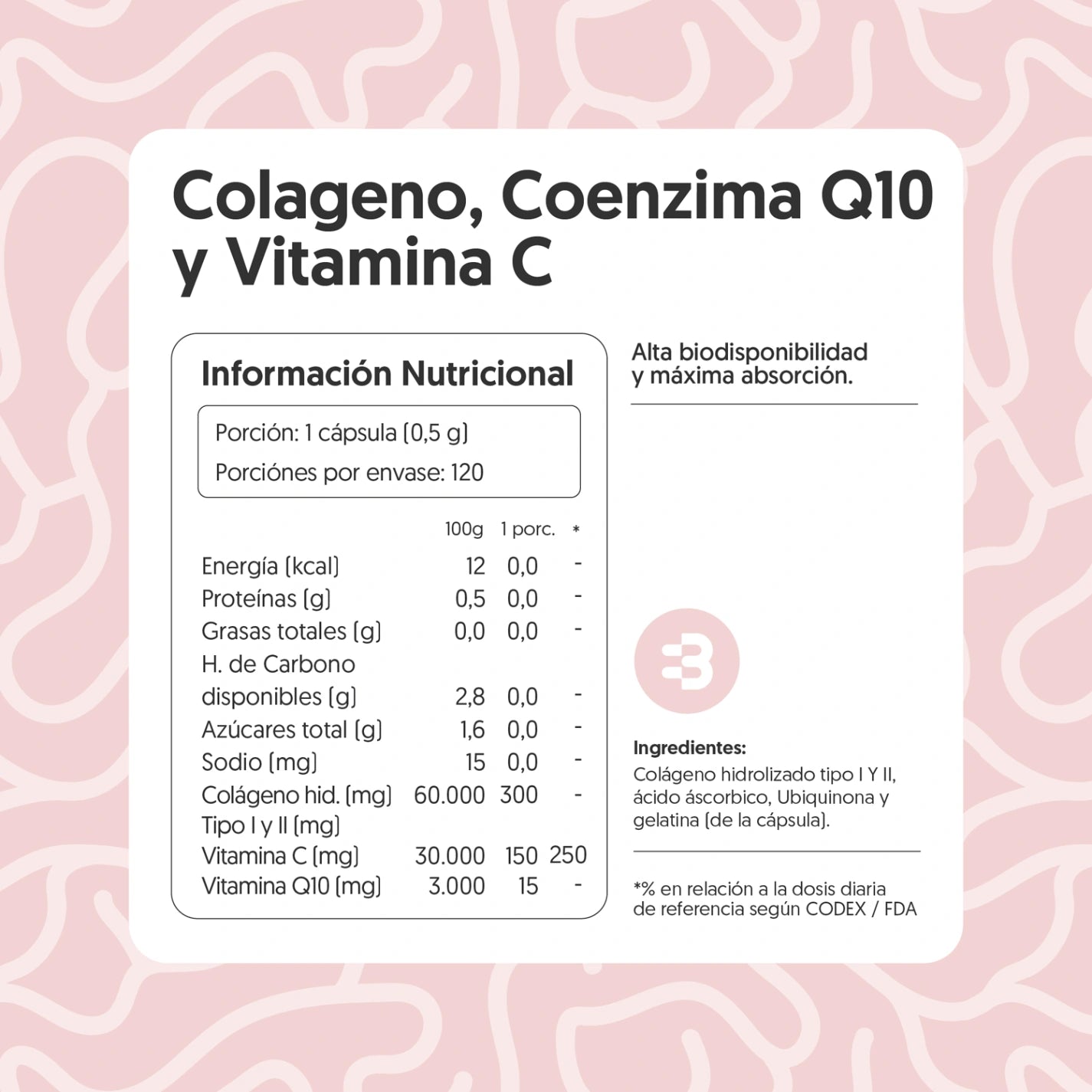 Colágeno Hidrolizado, Coenzima Q10 & Vitamina C 120 Cápsulas
