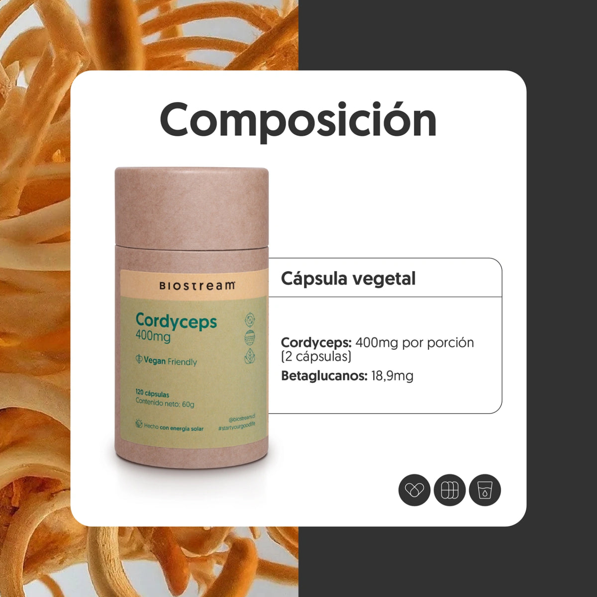 Hongo Cordyceps 400mg 120 Capsulas Vegano
