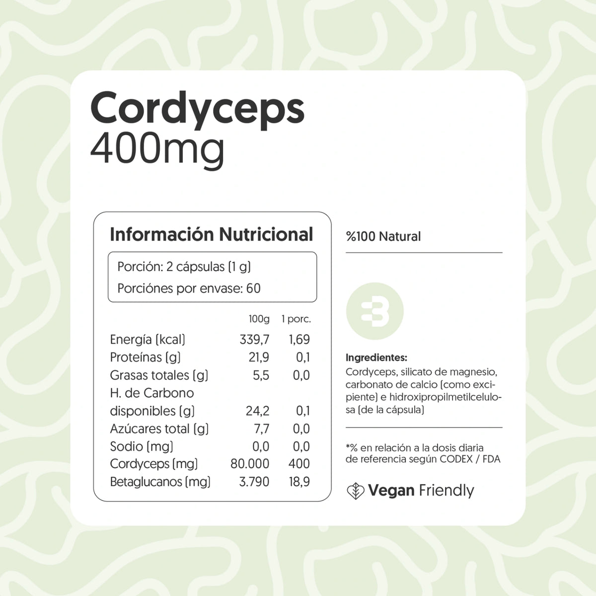 Hongo Cordyceps 400mg 120 Capsulas Vegano