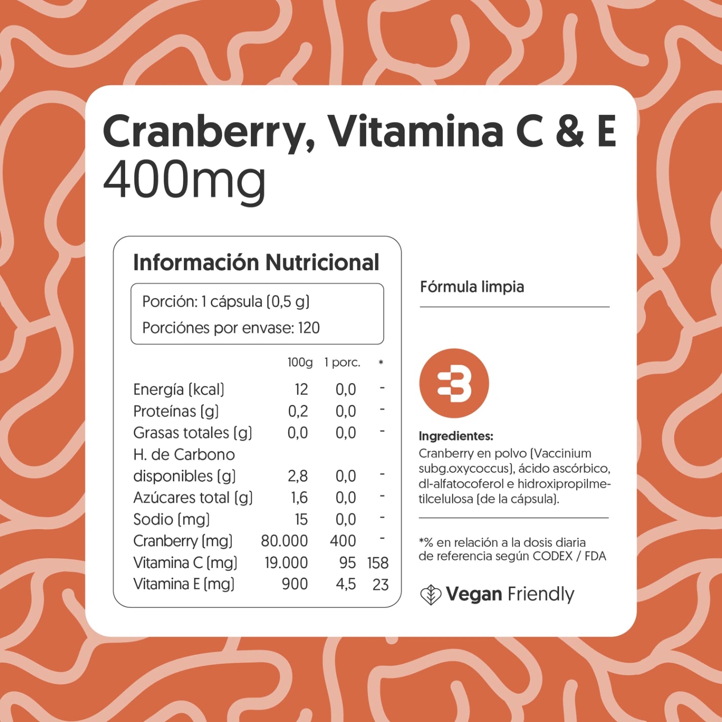 Cranberry, Vitamina C & Vitamina E 120 Cápsulas Vegano
