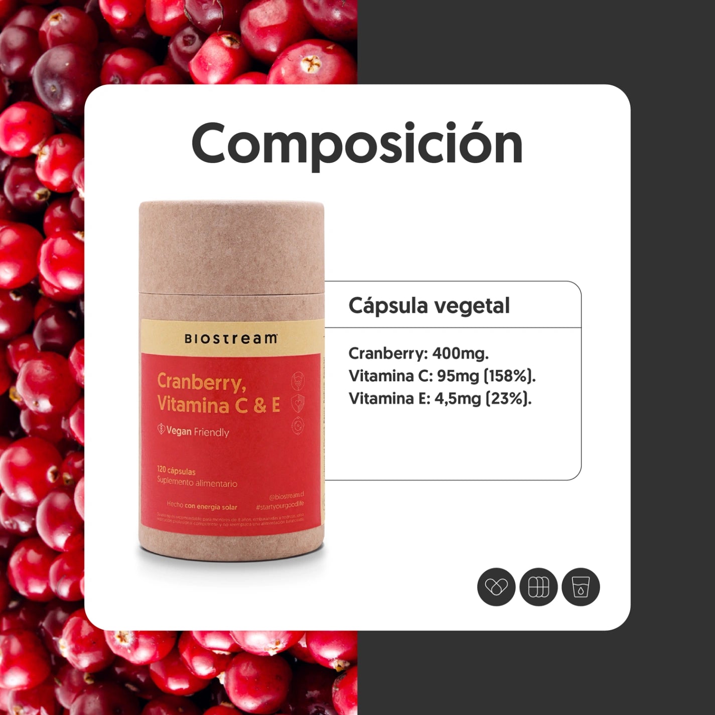 Cranberry, Vitamina C & Vitamina E 120 Cápsulas Vegano