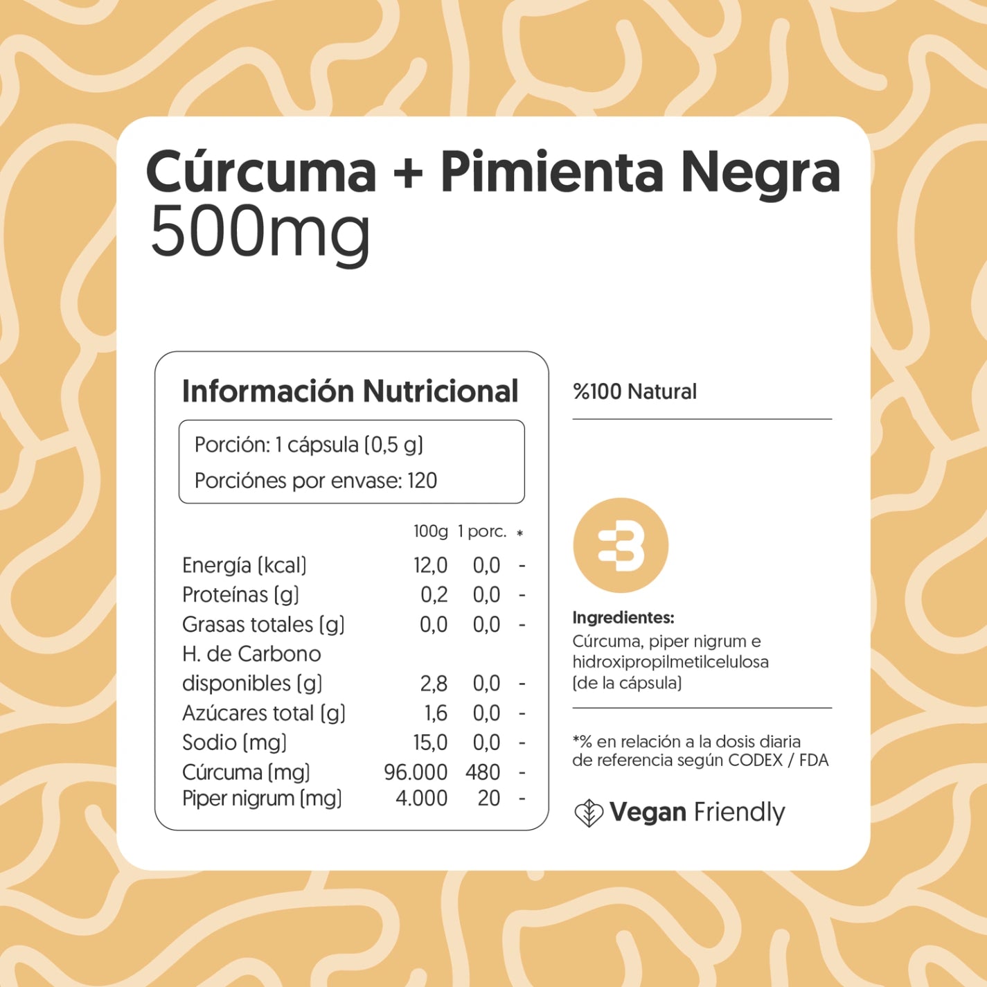Cúrcuma + Pimienta Negra 500mg 120 Cápsulas Vegana