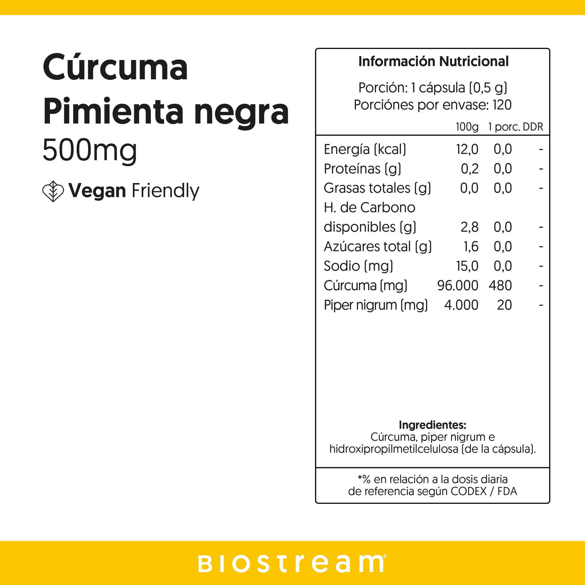 Cúrcuma + Pimienta Negra 500mg 120 Cápsulas Vegana