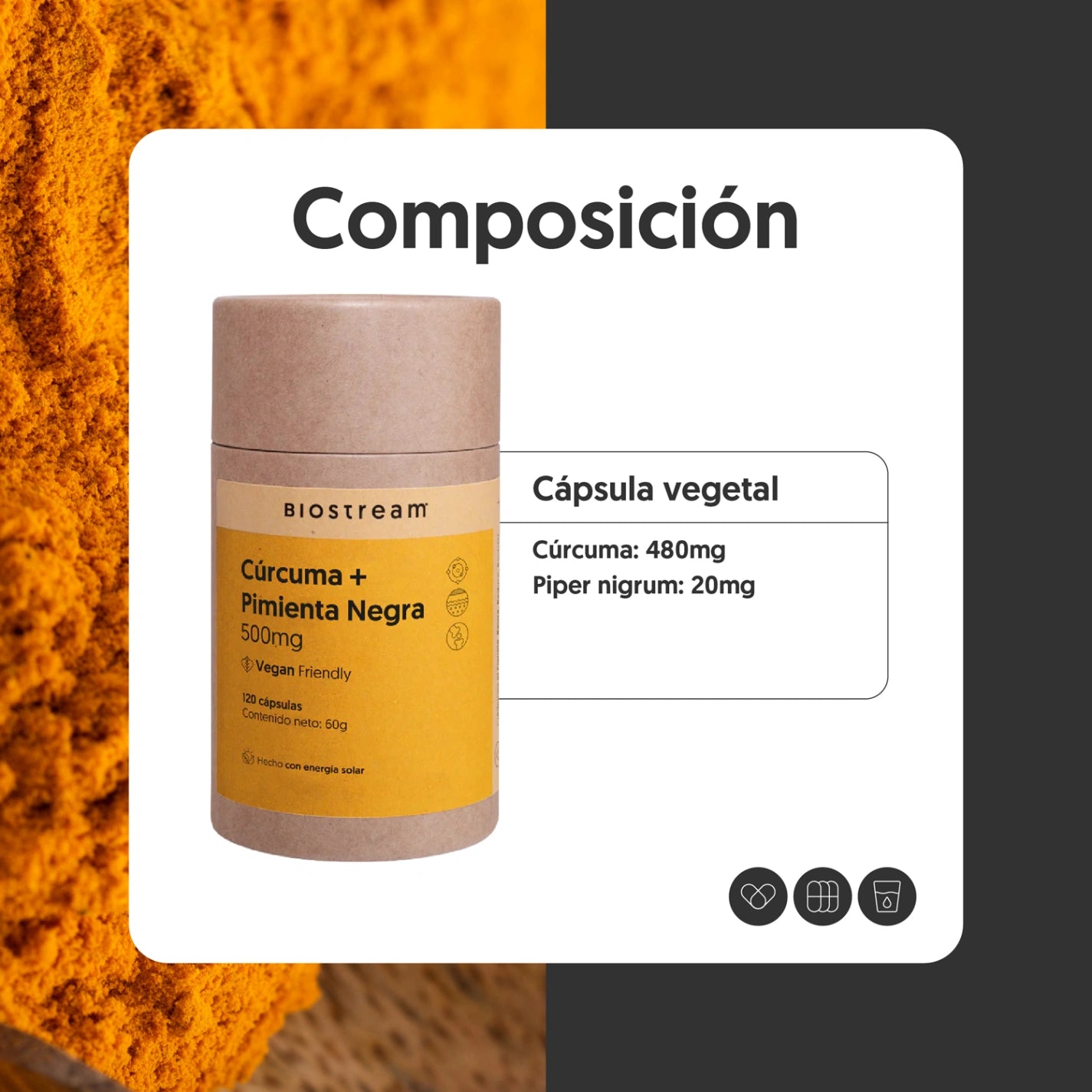 Cúrcuma + Pimienta Negra 500mg 120 Cápsulas Vegana