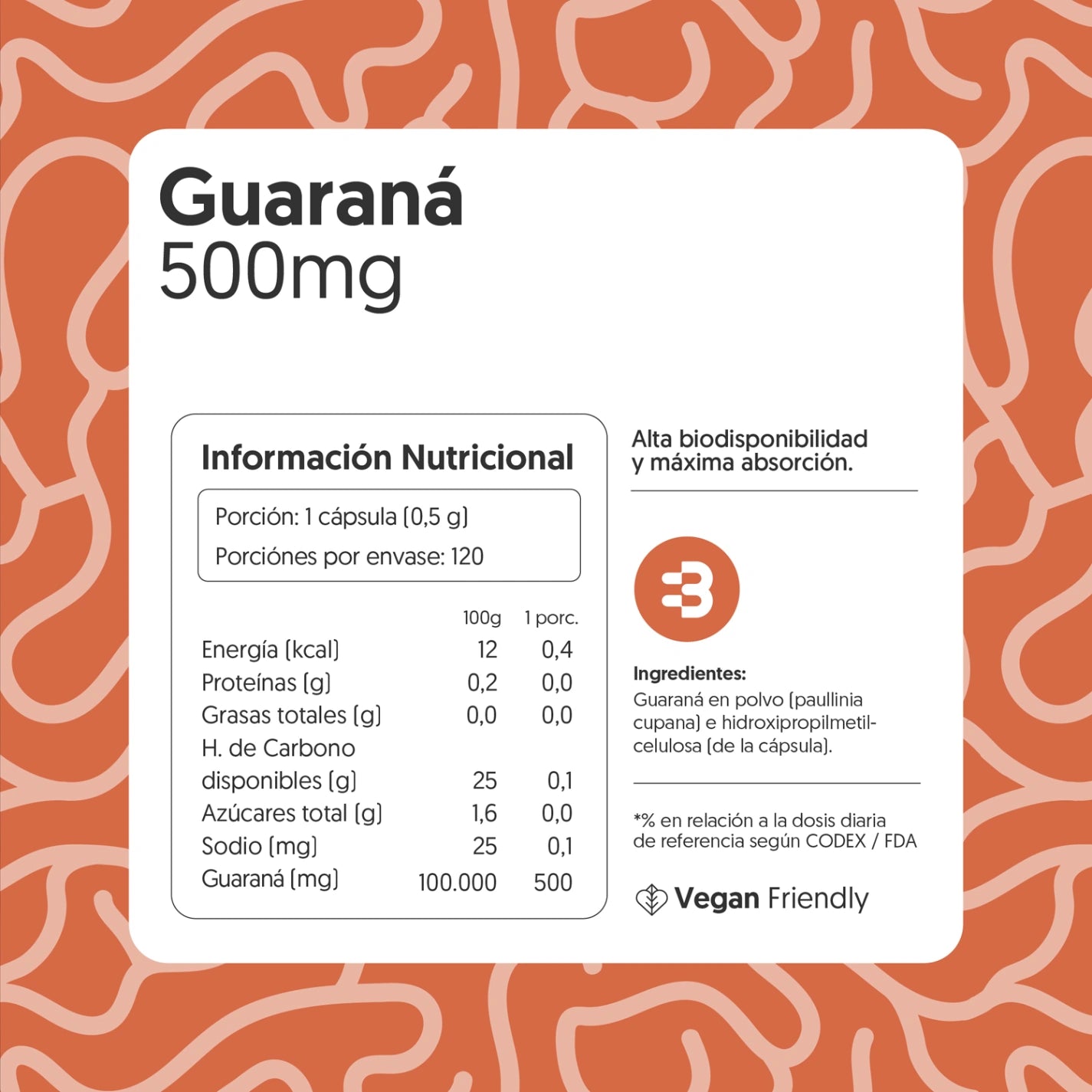 Guaraná 500mg 120 Cápsulas Vegano
