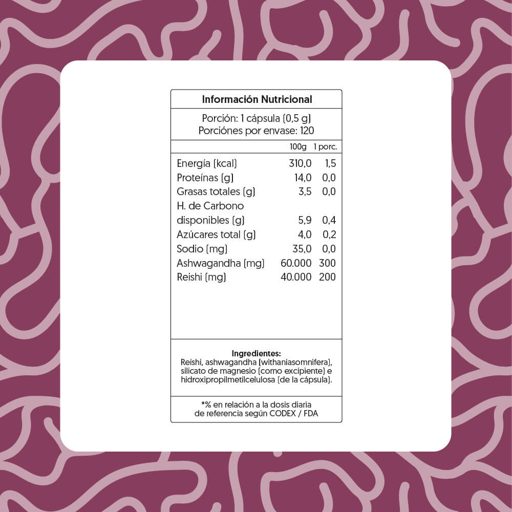 Ashwagandha + Reishi 500mg 120 cápsulas Vegana