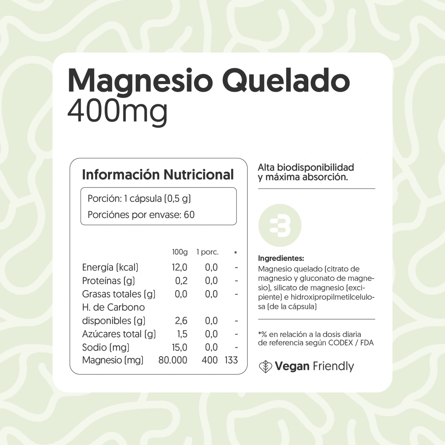 Magnesio Quelado 400mg 120 Cápsulas Vegano