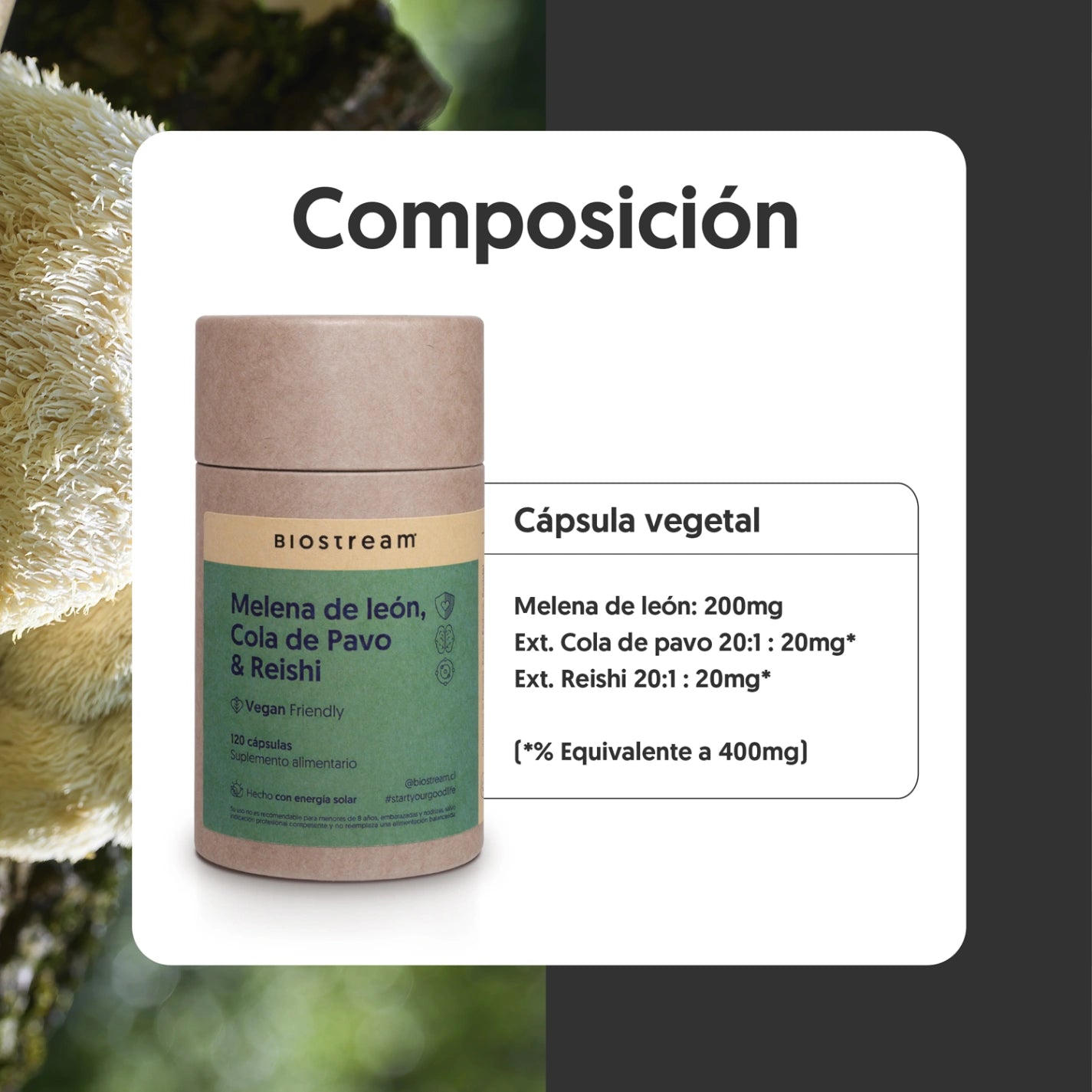 Melena de león, Cola de Pavo & Reishi 120 Cápsulas Vegano