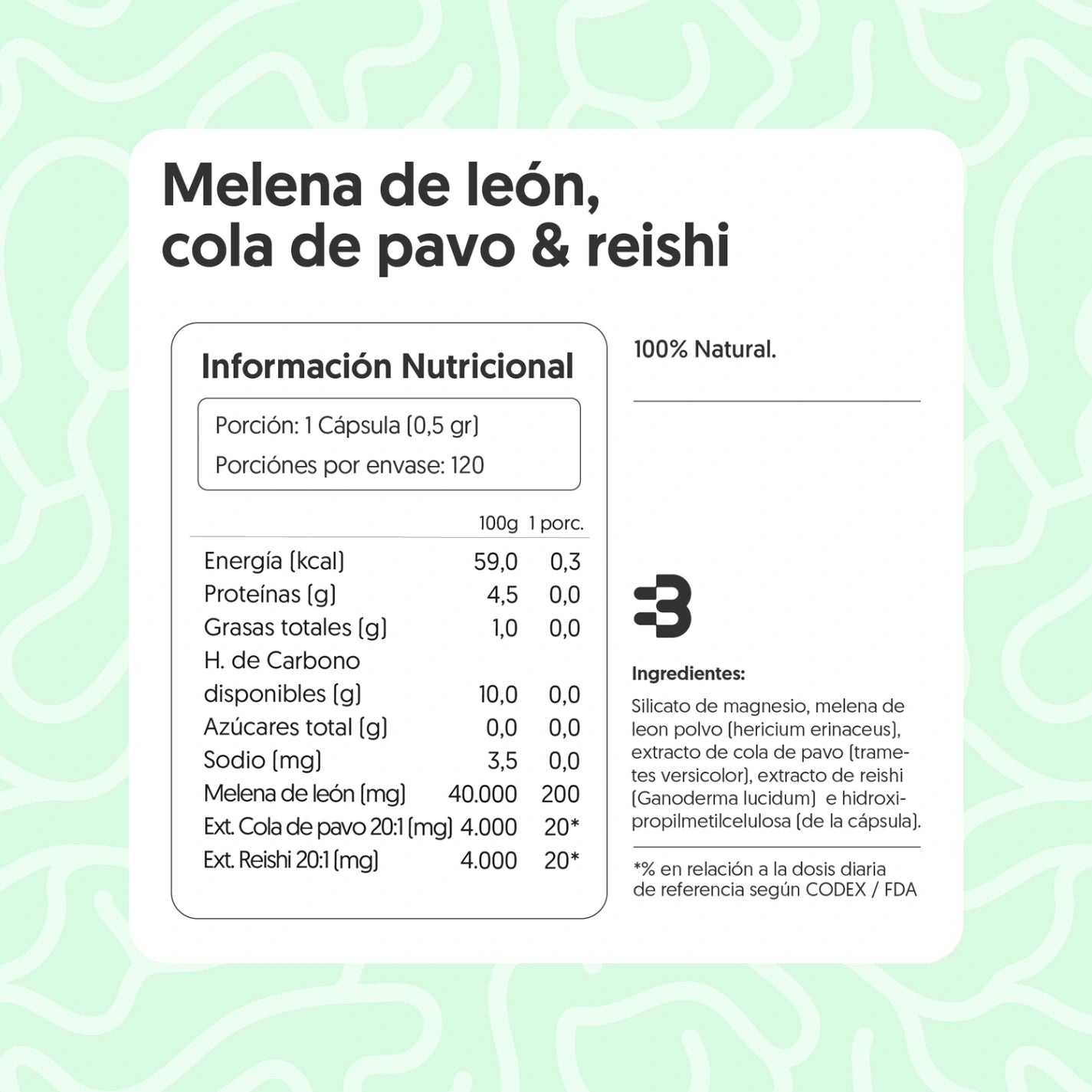 Melena de león, Cola de Pavo & Reishi 120 Cápsulas Vegano