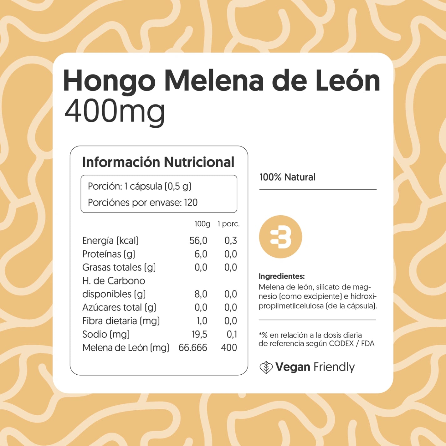 Hongo Melena de León 400mg 120 Cápsulas Vegano